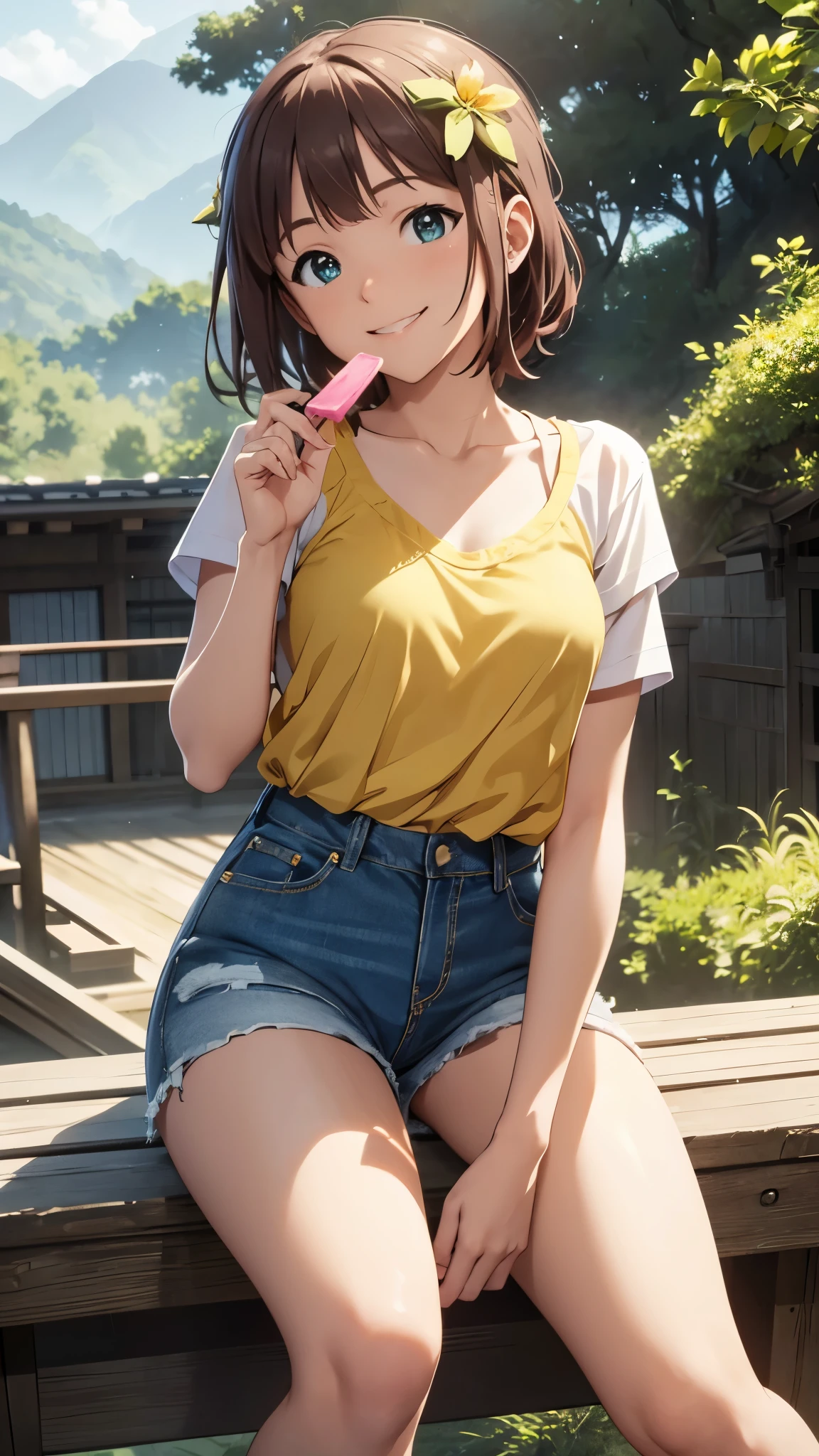 CG, unity, 8k, wallpaper, highest quality, masterpiece, haruka amami, (smile: 1.2), sitting on the engawa, yellow camisole BREAK denim shorts, barefoot, thighs, best lighting, complex pupils, complex textile, detailed background, Japanese countryside scenery, She holds a popsicle in her hand and points it at the viewer.