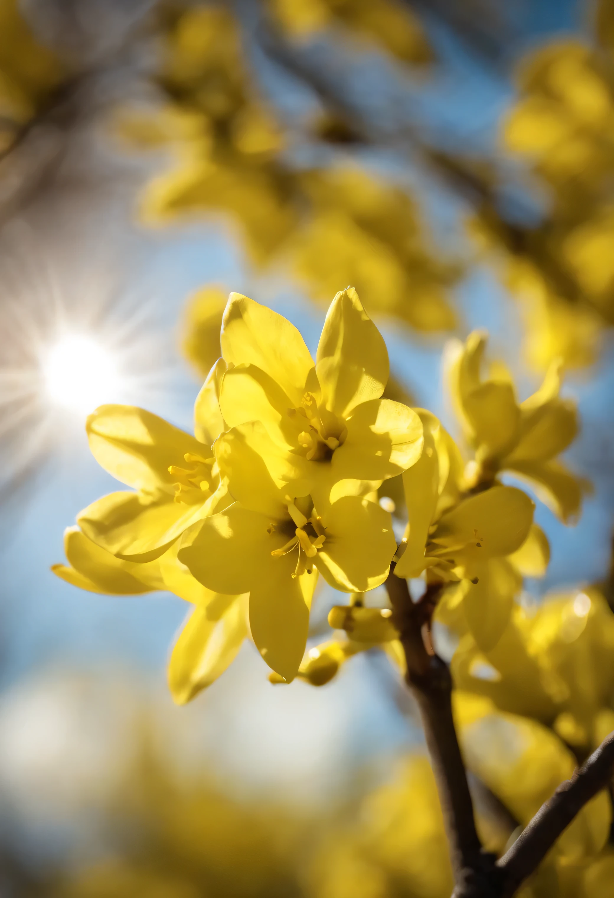 forsythia flower, yellow flowers, spring, park, clear sky, sunlight, Good Weather