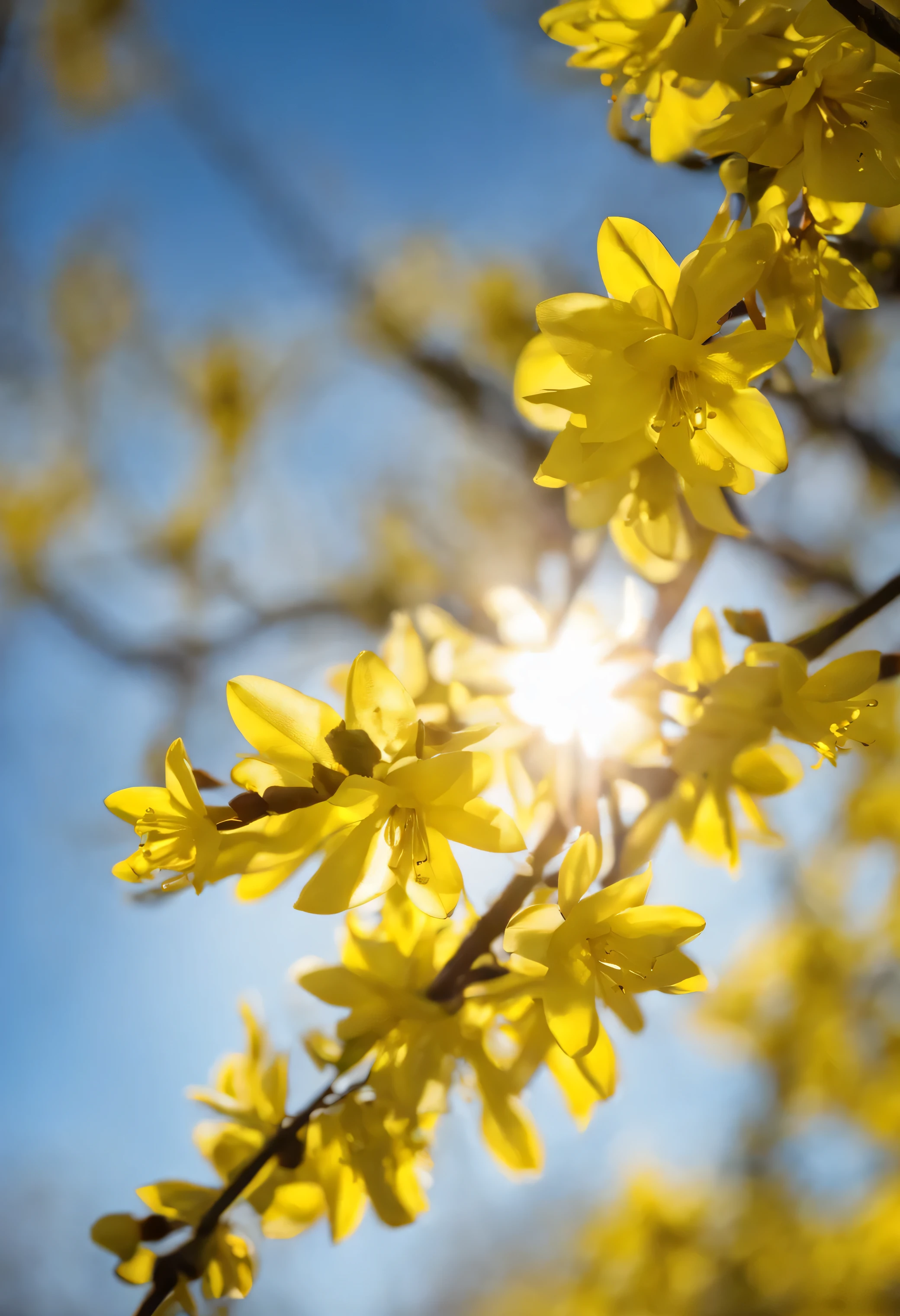 forsythia flower, yellow flowers, spring, park, clear sky, sunlight, Good Weather