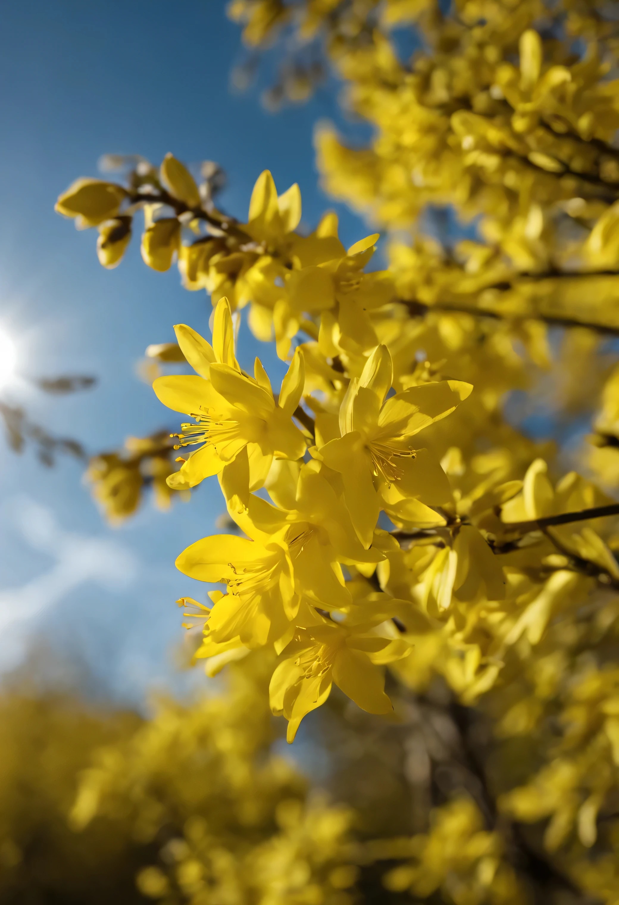forsythia flower, yellow flowers, spring, park, clear sky, sunlight, Good Weather