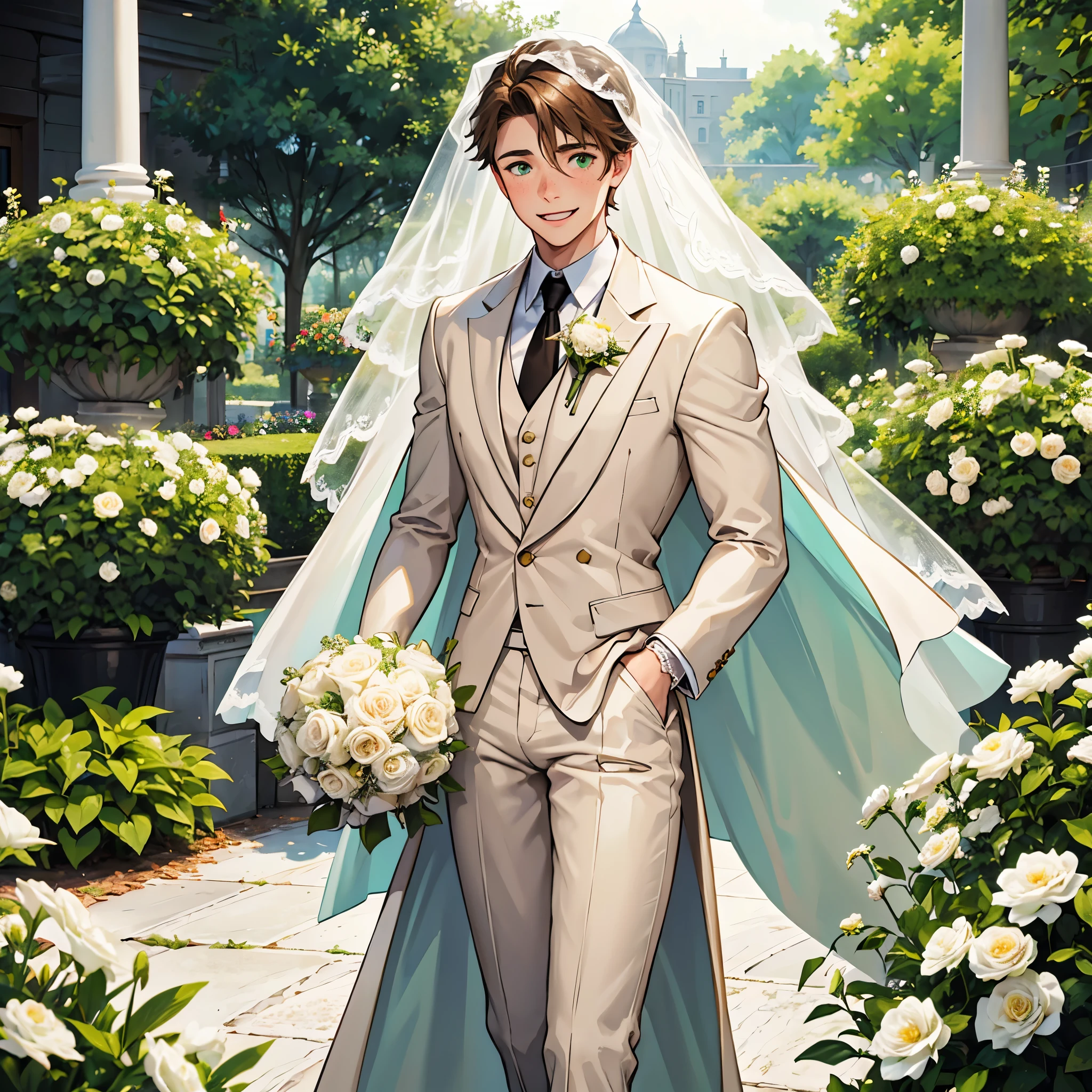 (((1boy))), short hair, light brown hair, green eyes, light freckles, ((femboy)), white suit, wedding veil, holding bouquet, walking, wedding, smiling, garden, ((solo))