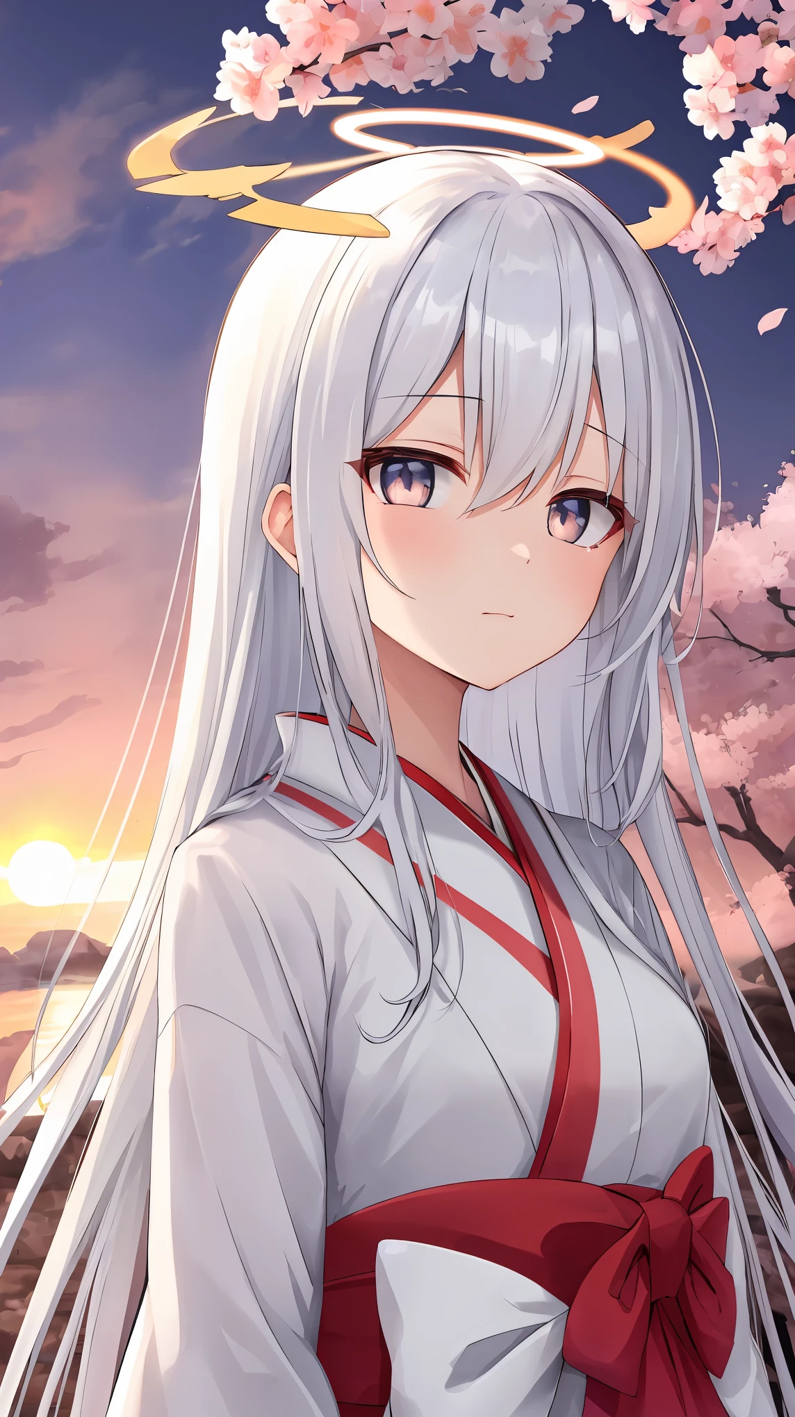 (masterpiece), best quality, expressive eyes, perfect face, details, solo, angel girl, angel wings, wings, tenshi, long hair, bluish white hair, bluish white eyes, halo, bluish white halo, cute kimono, cherry blossom, sunset