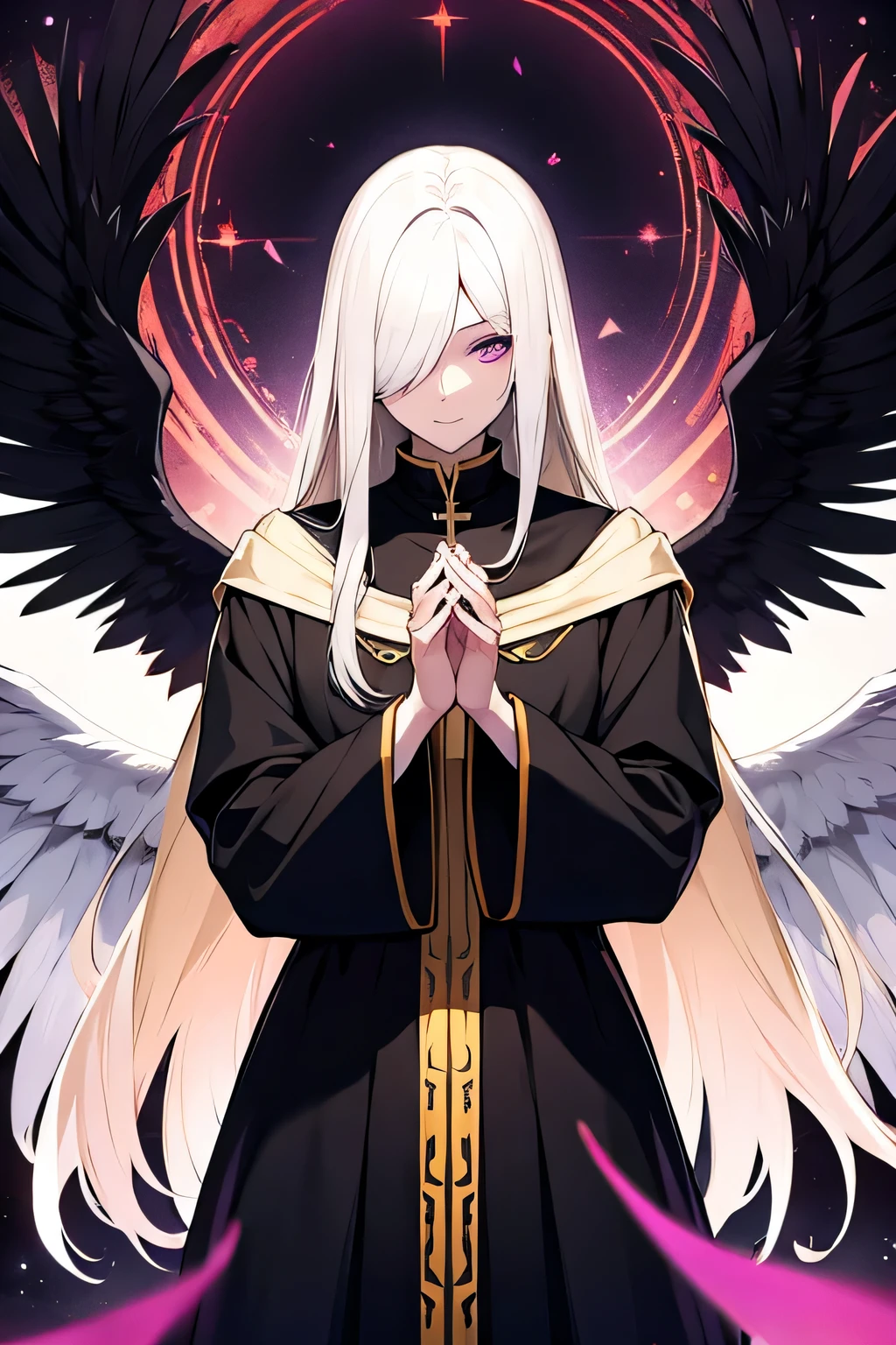 beautiful man, long yellow hair, white skin, dark purple eyes, Beautiful picture, catholic priest'your clothes, black cloth covering eyes, Six black wings.