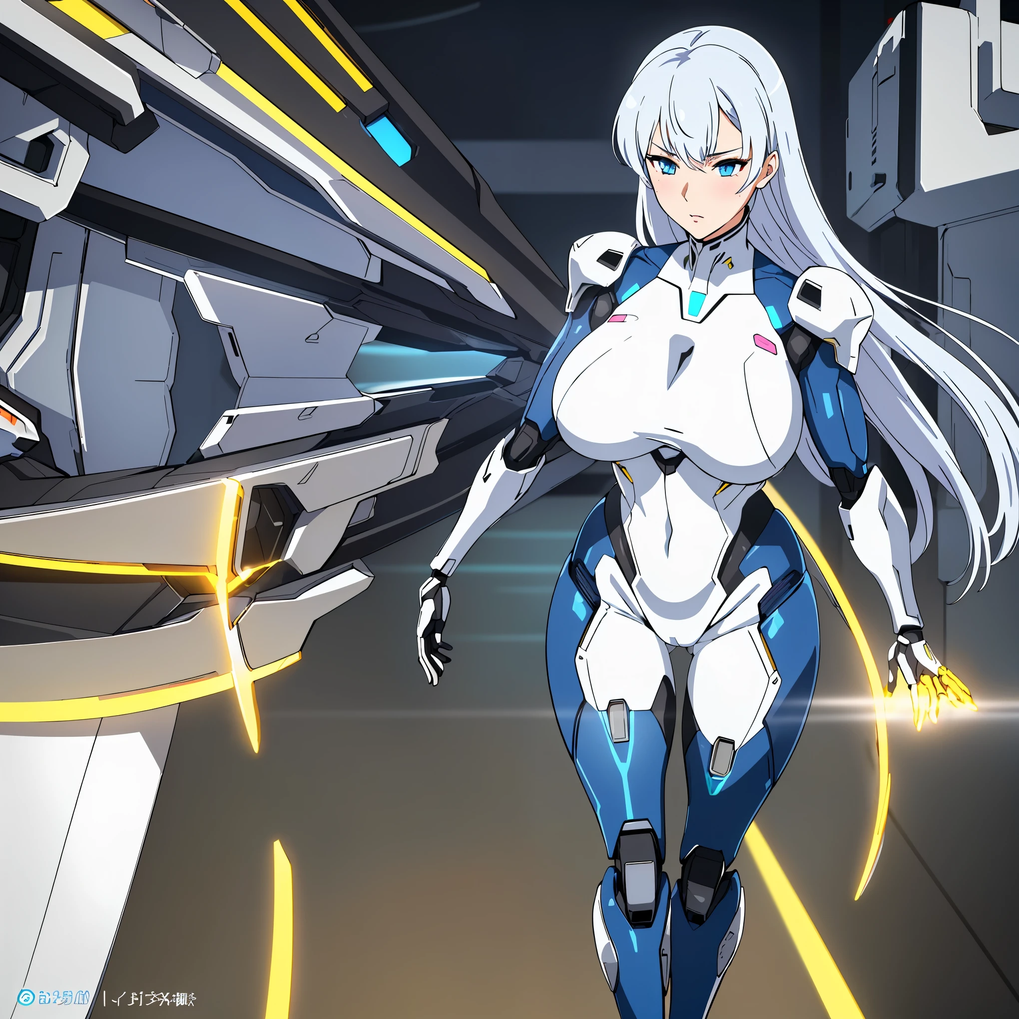 (masterpiece, best quality:1.3),(beautiful, aesthetic, perfect, delicate, intricate:1.2),(depth of field:1.2),(1girl, solo, mecha musume, android, mature woman, milf),full body,colorful,vivid colors,perfect female form,perfect face,expressive glowing blue eyes,(eyeshadow, eyeliner)1.7,blush,(an extremely sexy woman),(exquisite long white hair),(medium breasts),narrow waist,wide hips,(flying, floating, in motion),sleek robotic joints,futuristic,cybernetic,cybernetic black bodysuit,armored suit,glowing,lights,tron lines,cameltoe,cyberpunk,(large breasts:1.5),white eotard,battlesuit,(white clothes:1.2),(mecha musume:1.2),gigantic breasts,