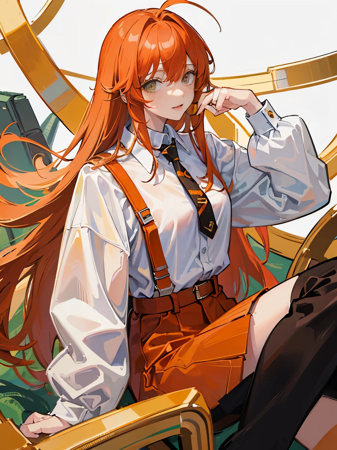 (masterpiece, top quality, best quality, official art, beautiful), female, Orange hair, long hair, with bangs, brown eyes, Extreme Detail, white shirt, scott skirt, green headphone