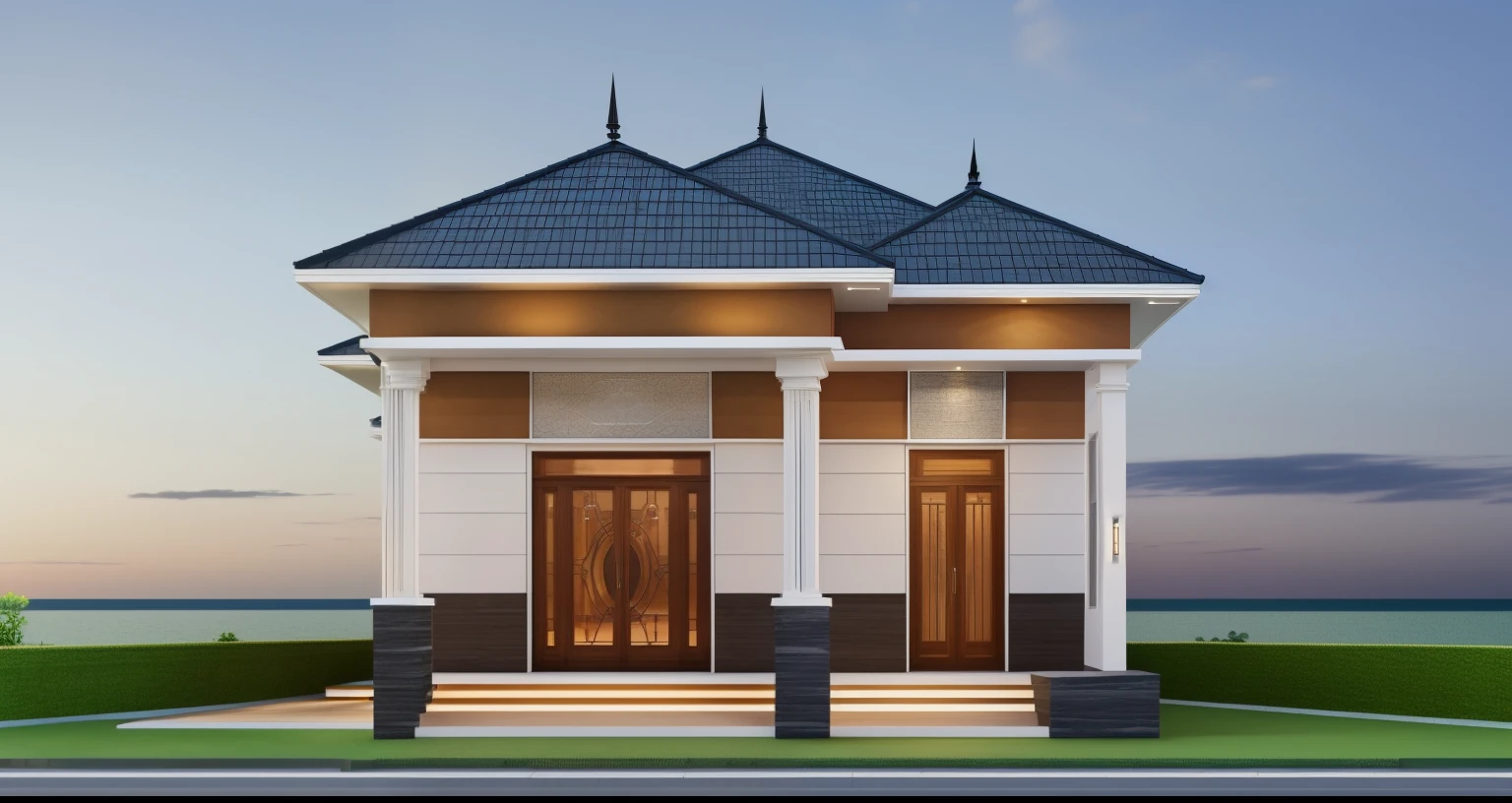 a drawing of a small house with slope roof, ((The layout of the house follows the sketch:1.4)), (brightenness:1.3), (morden:1.3)), (road:1.3), large space infront of, detail flower front perspective, frontview, perspective view, wide frontal view, front view, front-view, rendering, elevation view, front elevation view, all white render, sketch - up, frontal view, symmetrical front view, front facing view, front elevation, 3/4 front view, front side view,"A picture showcasing a captivating modern villa, featuring an expansive and well-ventilated yard adorned with vibrant flowers and flourishing trees."(RAW photo), highest quality, (masterpiece:1.2), High detail RAW color photo,  extremely detailed CG unity 8k wallpaper, (photo realism:1.4), (highres),  hyperdetailed, (photorealistic:1.2), (best quality:1.erfect anatomy,  (exterior), model villa, super realistic , 32k