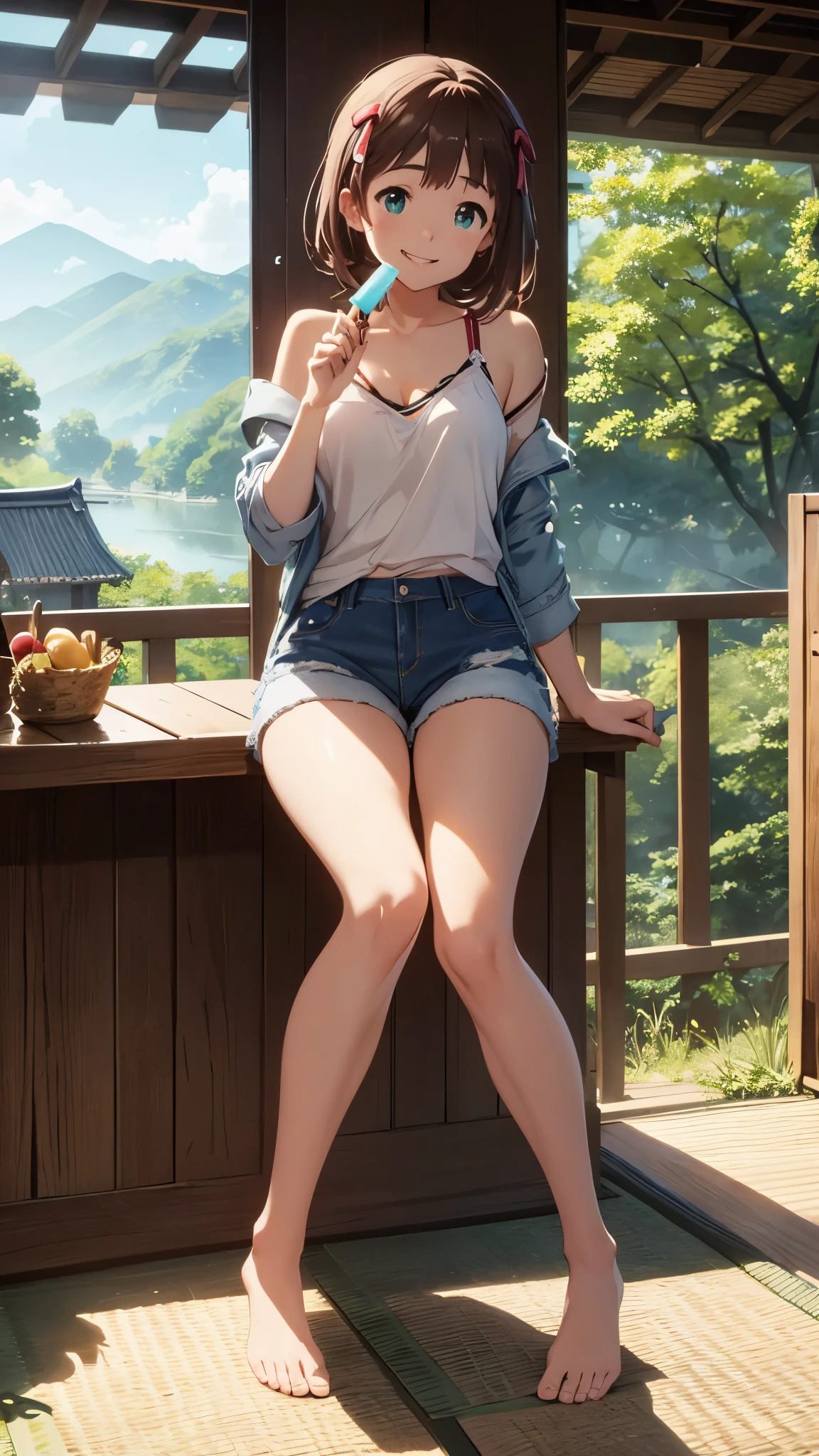 CG, unity, 8k, wallpaper, highest quality, masterpiece, haruka amami, (smile: 1.2), sitting on the engawa, yellow camisole BREAK denim shorts, barefoot, thighs, best lighting, complex pupils, complex textile, detailed background, Japanese countryside scenery, She holds a popsicle in her hand and points it at the viewer.