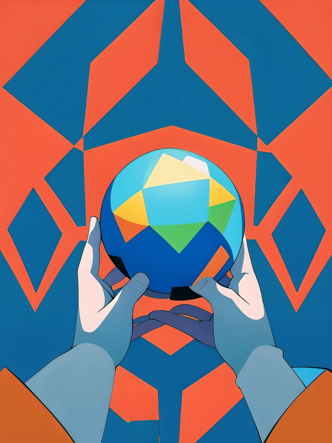 Holding blue ball in hand，geometric background，color