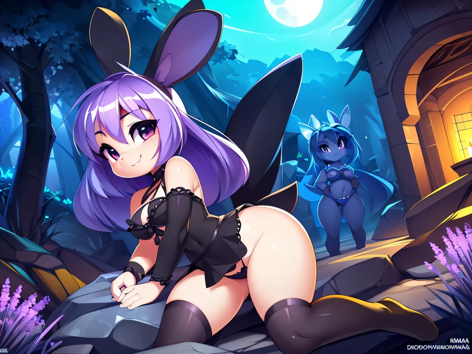 (8k, highest quality, ultra-high detail), (4k, masterpiece), volumetric lighting, ambient lighting, bloom, haunted garden, being watched, ((cute, short stack, shortstack, young, gothic bunny girl)), (lavender skin, tiny waist, large breasts), frilly black dress, thigh highs, sexy pose, seductive, (uploaded to e621, by doxy, by krokobyaka, by chromapan, by tsampikos, by slugbox, by xylas, by teranen, by zaush, by iskra),