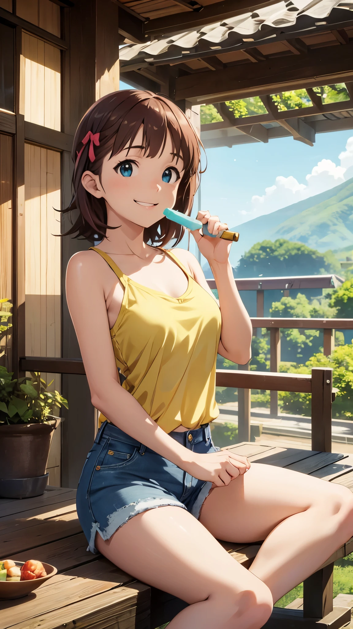 CG, unity, 8k, wallpaper, highest quality, masterpiece, haruka amami, (smile: 1.2), sitting on the engawa, yellow camisole BREAK denim shorts, barefoot, thighs, best lighting, complex pupils, complex textile, detailed background, Japanese countryside scenery, She holds a popsicle in her hand and points it at the viewer.