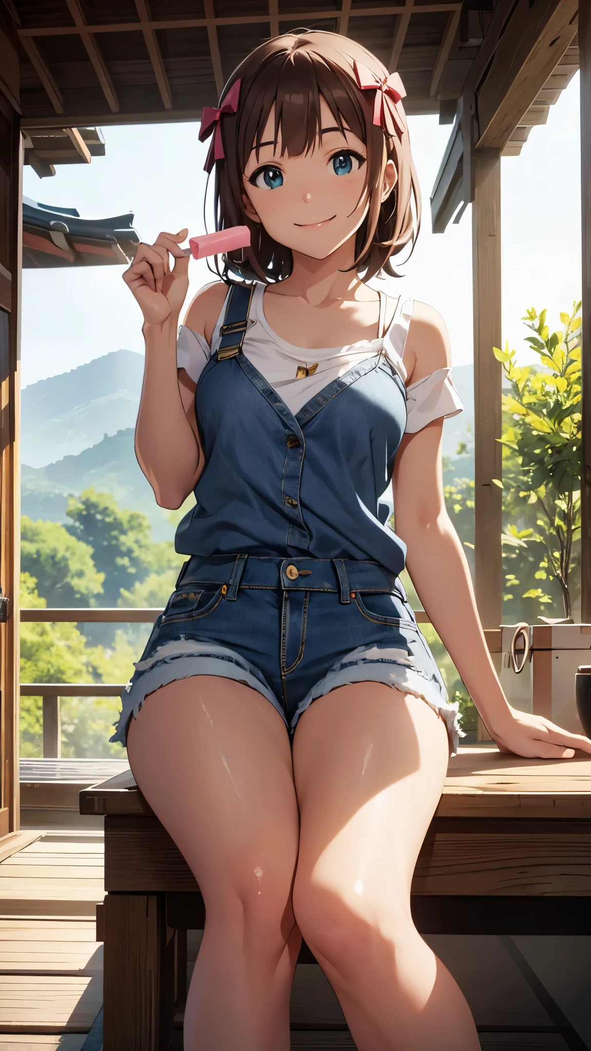 CG, unity, 8k, wallpaper, highest quality, masterpiece, haruka amami, (smile: 1.2), sitting on the engawa, yellow camisole BREAK denim shorts, barefoot, thighs, best lighting, complex pupils, complex textile, detailed background, Japanese countryside scenery, She holds a popsicle in her hand and points it at the viewer.