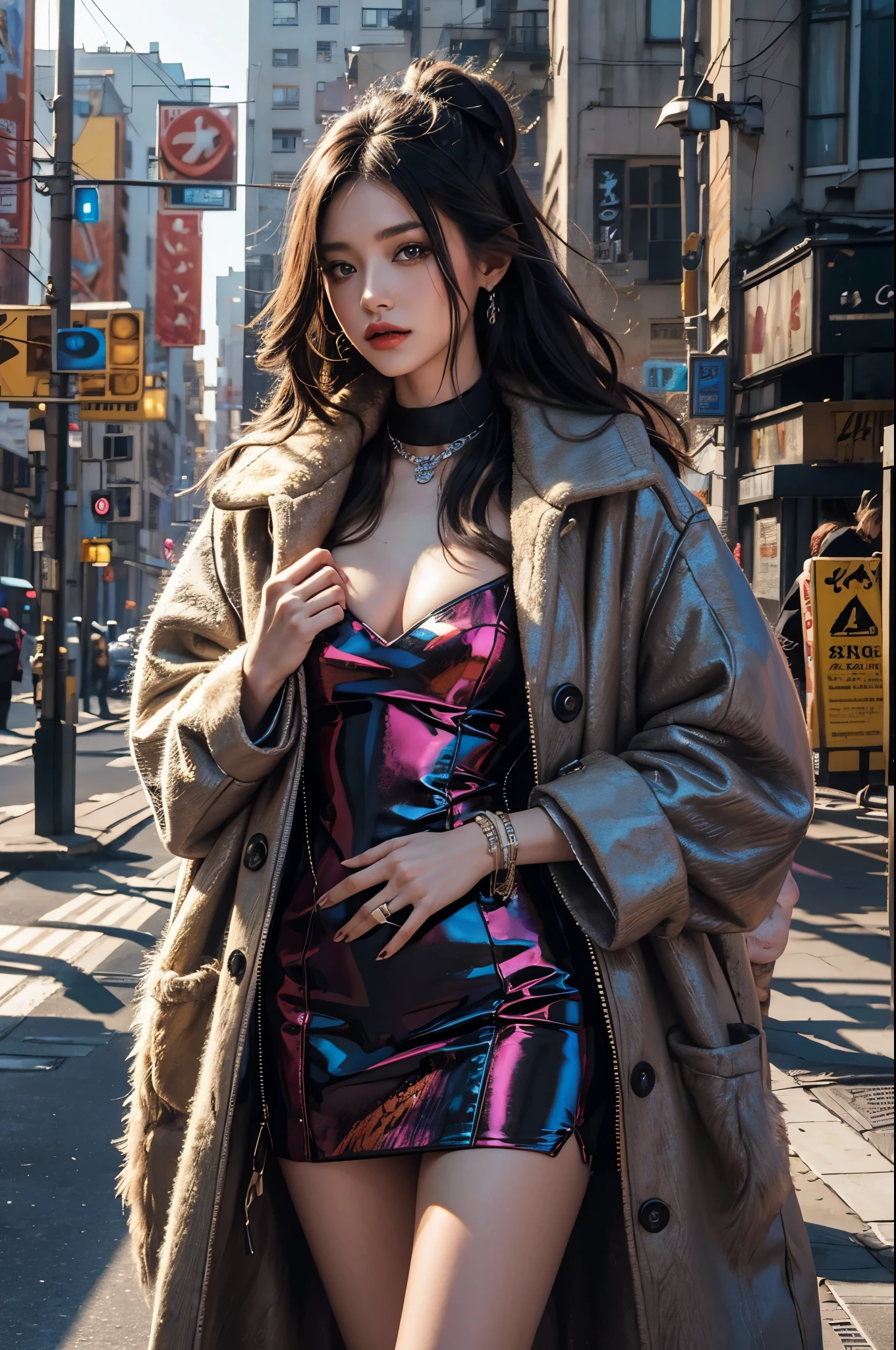 embedding:E-GM\E-Girlansion_Blackee is a girl with normal hips in a colorful dress and fur coat posing for a picture looking at the viewer, wearing edgTM_style fashion, eccentric clothing, 16K, Award Winning, Best Quality, High Quality, Highres, Masterpiece, Super Detail, Photography Style, Photorealism Style, Hyperrealism Style, Hyper maximalist, Fashion Photography, Glamour Photography, embedding:Positive\epiCPhoto,