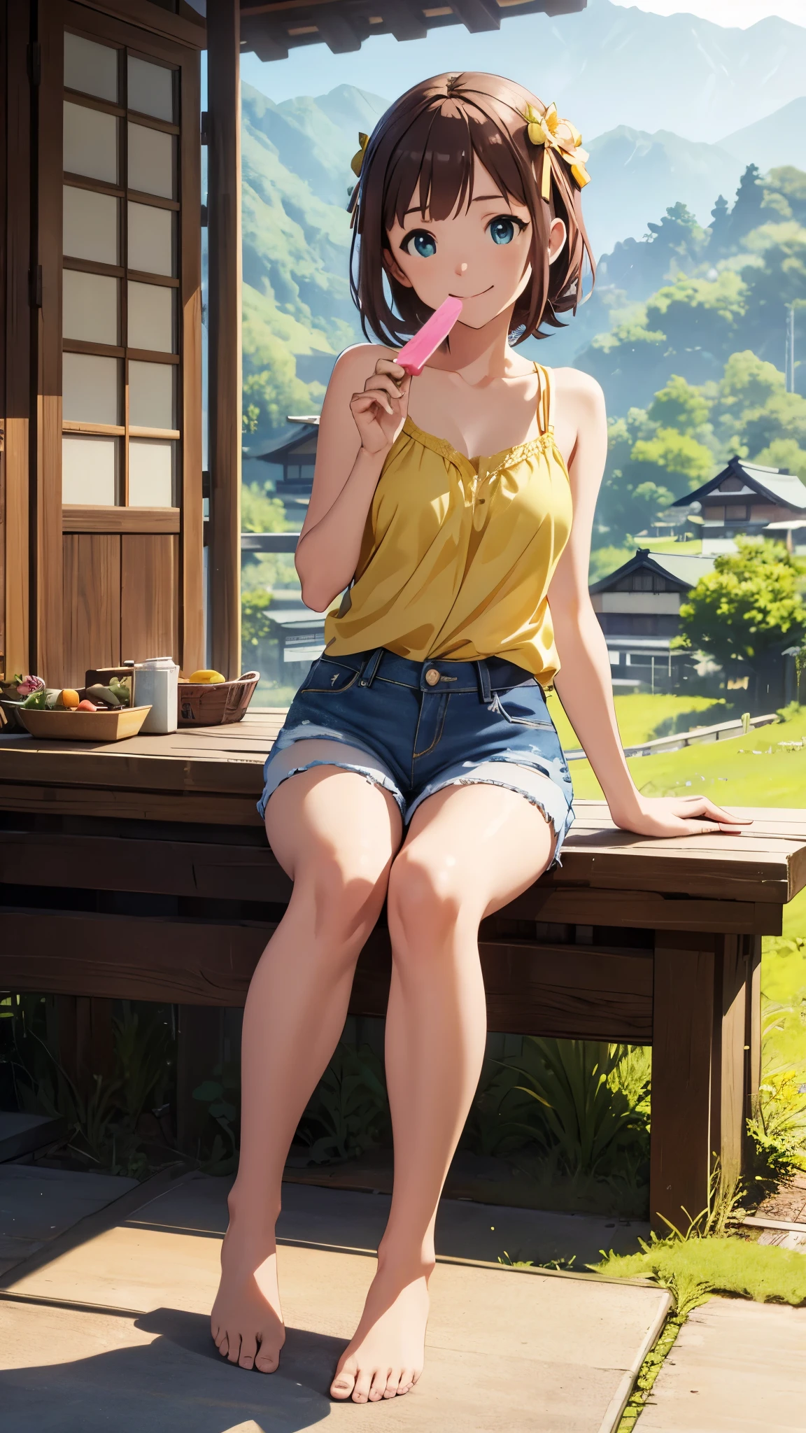 CG, unity, 8k, wallpaper, highest quality, masterpiece, haruka amami, (smile: 1.2), sitting on the engawa, yellow camisole BREAK denim shorts, barefoot, thighs, best lighting, complex pupils, complex textile, detailed background, Japanese countryside scenery, She holds a popsicle in her hand and points it at the viewer.