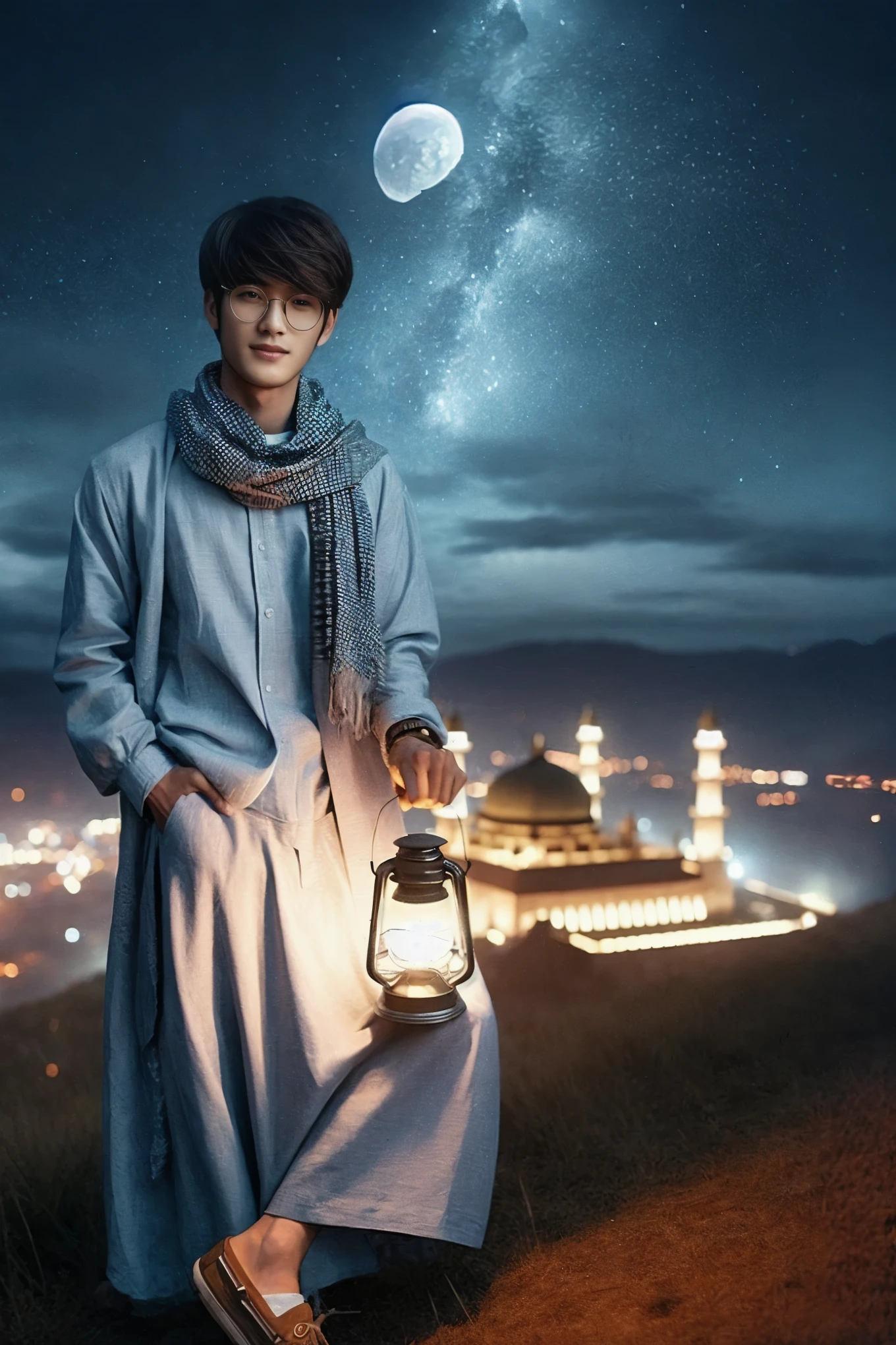 arafed man holding a lantern in front of a night sky, profile picture 1024px, mid shot portrait, holding a lantern, edited in photoshop, portrait shot, high quality portrait, cinematic. by leng jun, inspired by Yeong-Hao Han, medium shot portrait, ✨🕌🌙, color portrait, cai xukun, handsome man