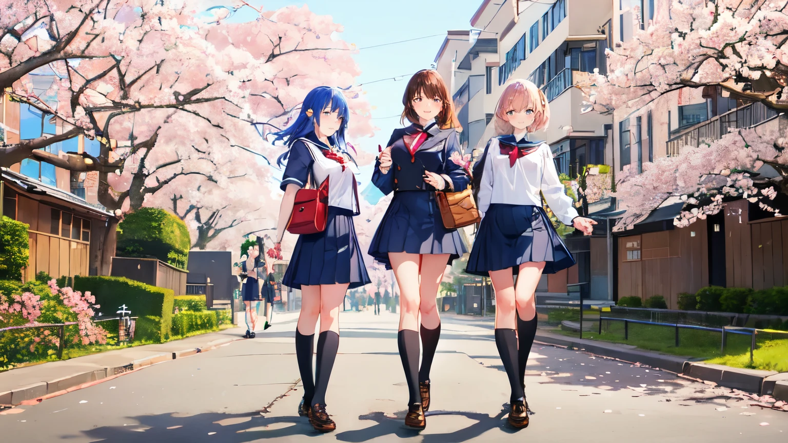 (masterpiece, finely detailed beautiful eyes: 1.2), ultra-detailed, illustration, 6girls, detailed background, school uniform, kneehighs, big giant breasts, after school, walking in the street, shoulder bag, smile, cherry blossom, early spring, full body portrait,
