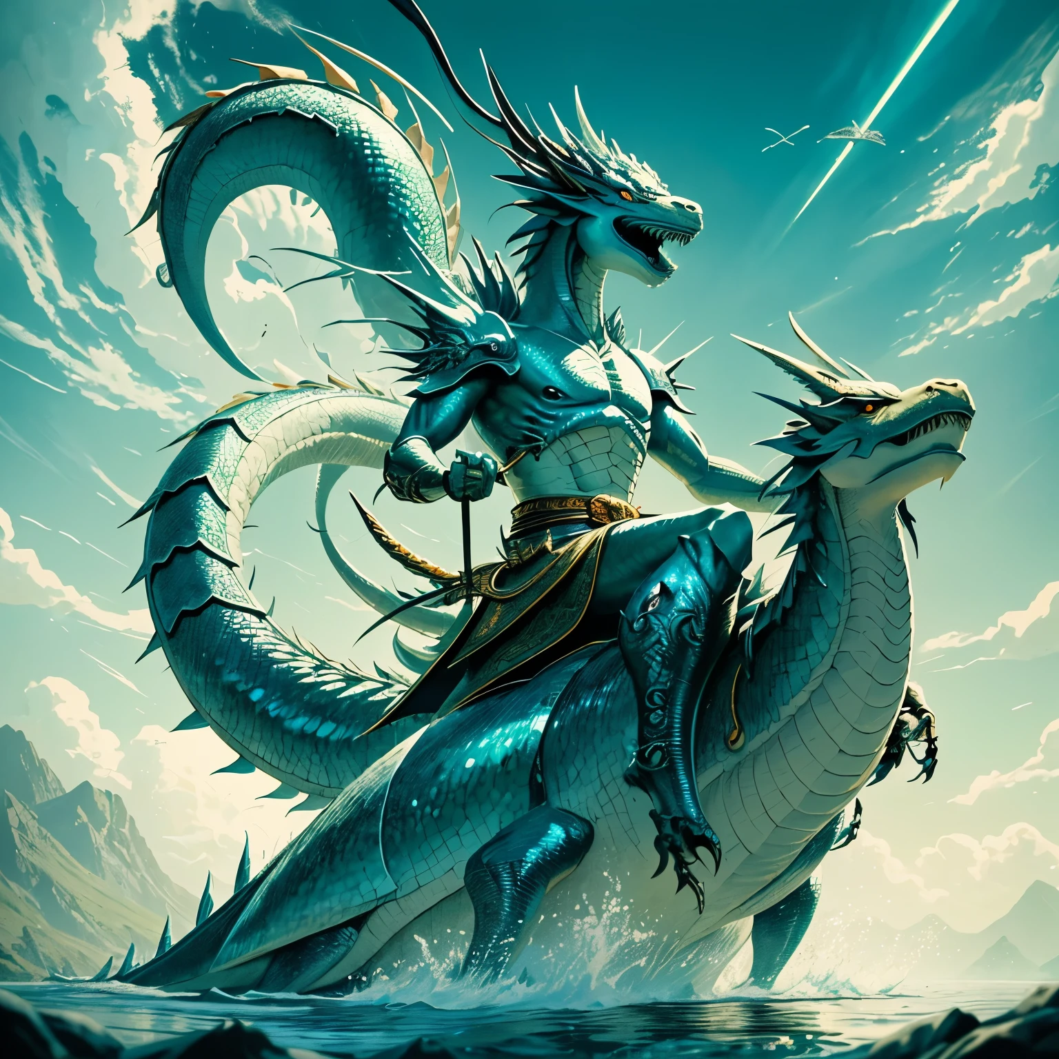 Draw a picture that depicts Akira Toriyama seated elegantly atop the majestic Shenron dragon, in an animated style, with Akira holding a pencil and a pristine sheet of paper, beaming at the camera with a content smile. Shenron, the mighty dragon, displays a regal expression as he glides gracefully through the azure skies, his iridescent scales shimmering under the Cinematic Lighting, casting an Absurdly Ridiculous yet captivating scene. The detailed landscape below unfolds, revealing rolling hills, lush greenery, and serene bodies of water, all rendered in 8K Ultra High Definition, showc