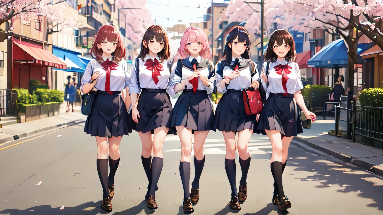 (masterpiece, finely detailed beautiful eyes: 1.2), ultra-detailed, illustration, 6girls, detailed background, school uniform, kneehighs, big giant breasts, after school, walking in the street, shoulder bag, smile, cherry blossom, early spring, full body portrait,