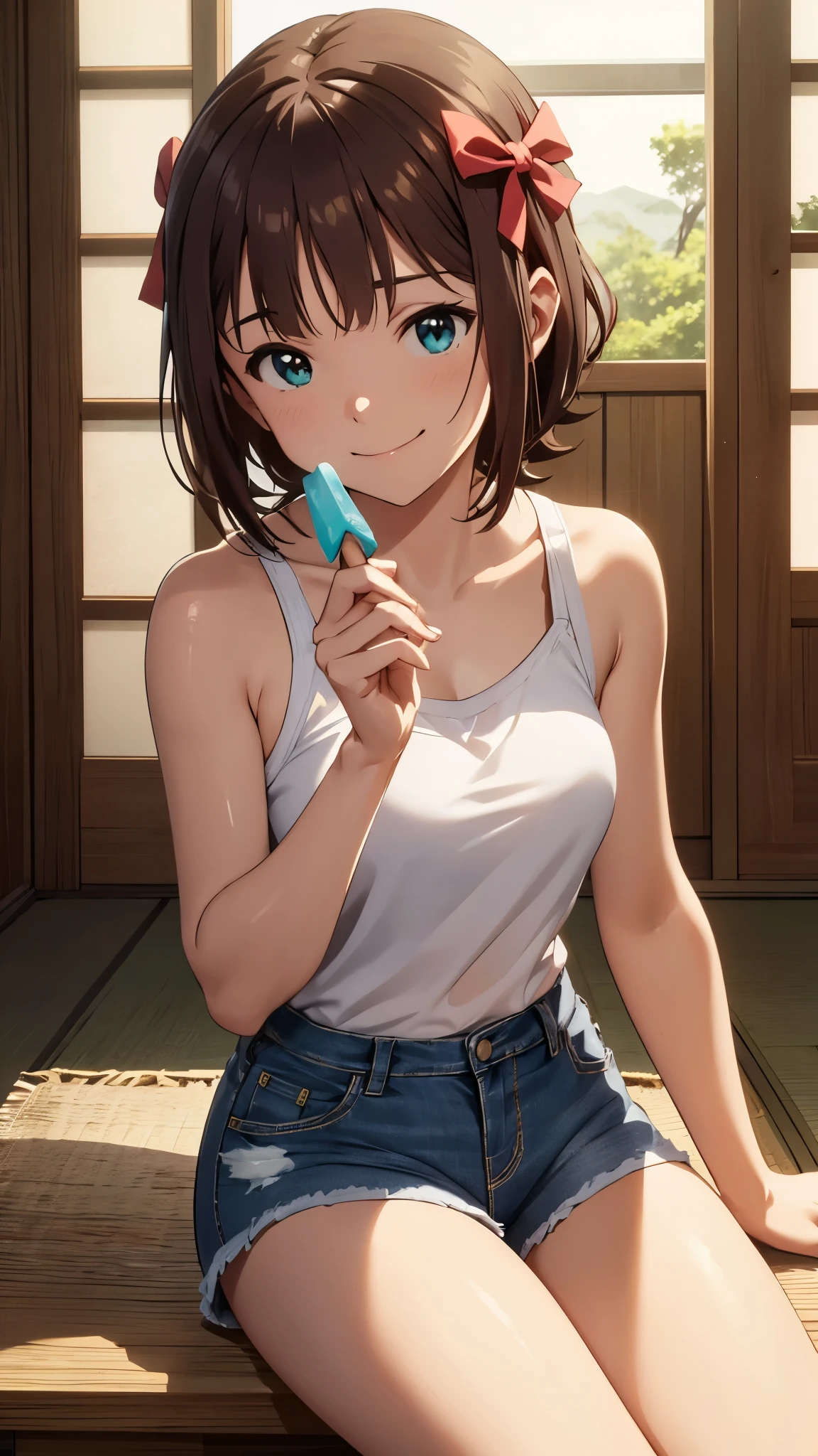 CG, unity, 8k, wallpaper, highest quality, masterpiece, haruka amami, (smile: 1.2), sitting on the engawa, yellow camisole BREAK denim shorts, barefoot, thighs, sweat, best lighting, complex pupils, complex textile, detailed background, Japanese countryside town, She shows the viewer a popsicle in her hand.