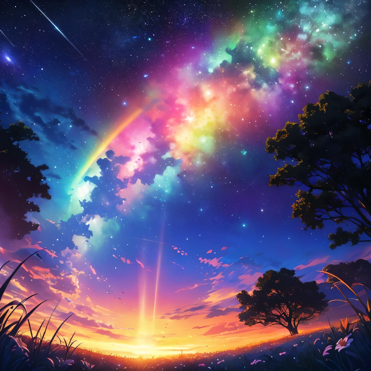 Foto de vasta paisagem, (visto de baixo, the sky is above and the open field is below), uma ilhaem um campo de flores olhando para cima, (lua cheia e estrelas: 1.2), (meteoro: 0.9), (nebula: 1.3), montanhas distantes , BREAK Trees Crafts, (luz quente: 1.2), (vagalumes: 1.2), luzes, Muito roxo e azul, detalhes intrincados, volumetric lighting, Realismo QUEBRA (obra de arte: 1.2), (melhor qualidade), 4k, ultra-detalhado, (Dynamic Composition: 1.4), Muito detalhado, detalhes coloridos, (Rainbow colors: 1.2), (bright lighting, Atmospheric lighting), sonhadores, magical, (Sozinho: 1.2)