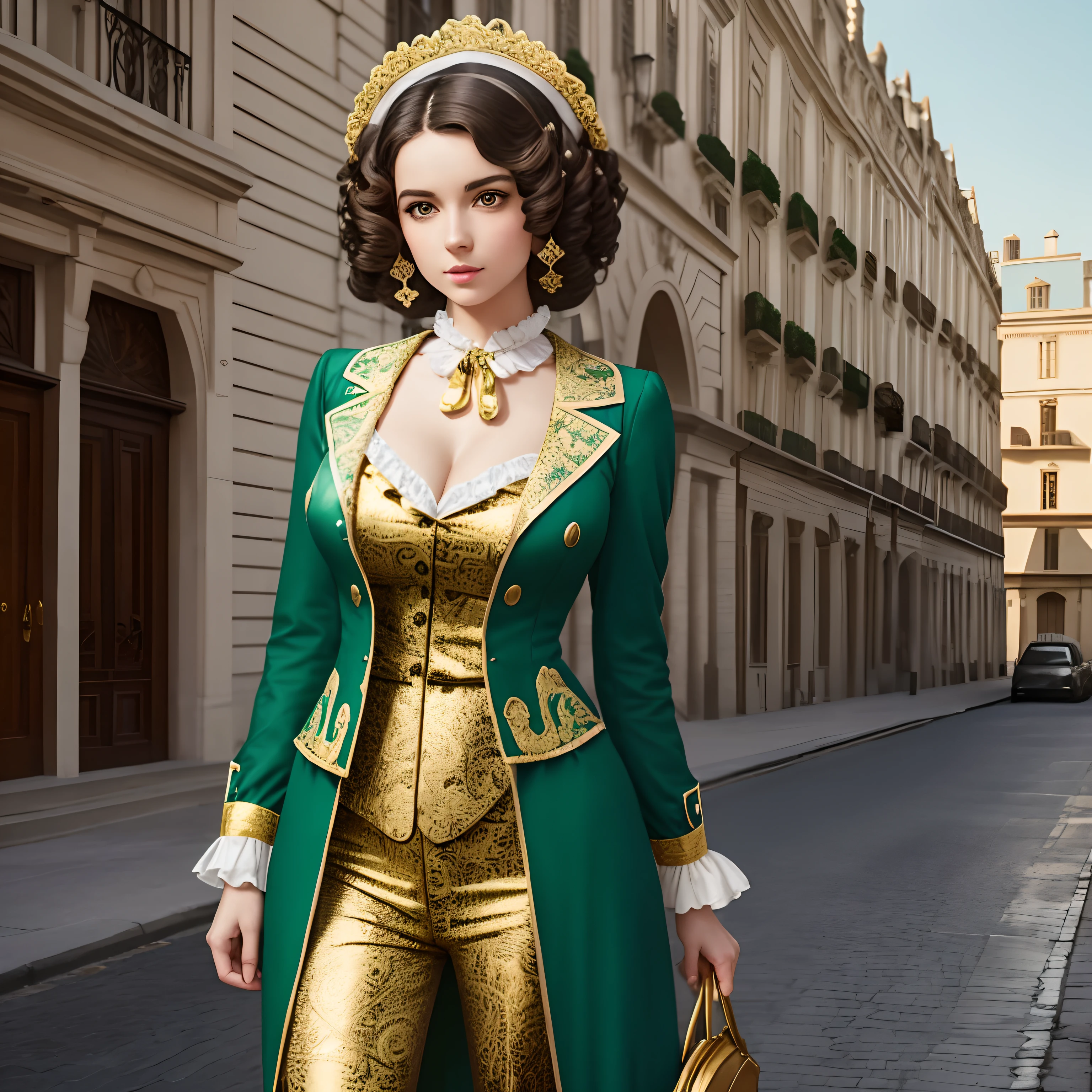 Model Lyriel Girl ((solo))with black curly hair , with a face and body like Danielle Sharp , Dressed in Light Green Retro Suit Polyester Dress with Patterned Print , It stands in front of the street , Very detailed gold patterns on green retro suit dress ,Her shoes and breasts are visible ,Front light.Marie Antoinette costume Women's Baroque style Vintage clothes she stands in front of the palace,Front light.