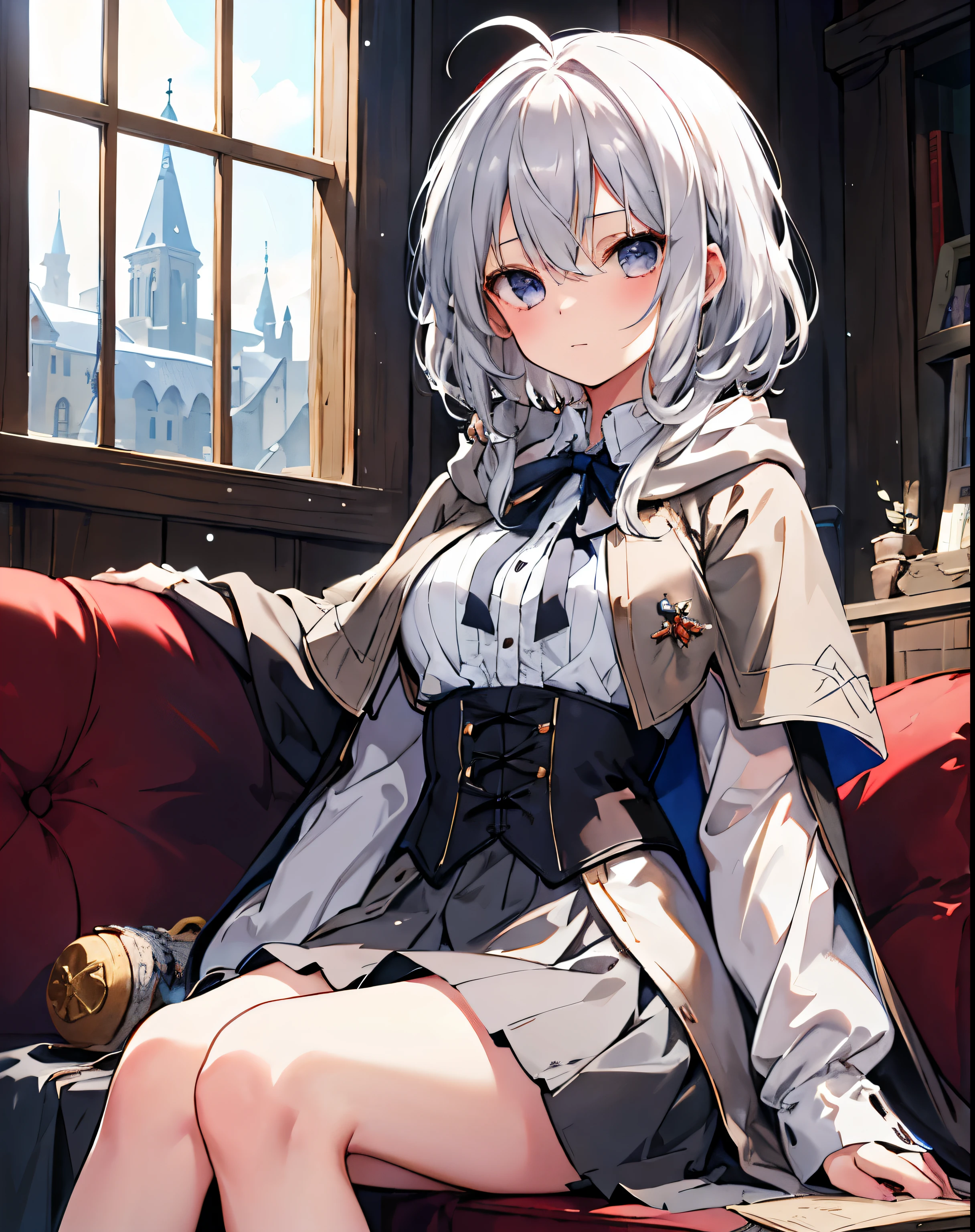 masterpiece,1girl, sparrow, a silver haired girl, wearing a medieval villager clothes, curly short hair, messy hair, grey skirt, slim body, wearing hair ribbon, wearing sapphire noble capelet with hoody, medium breasts, she close her left eye, shirt ornament, lolippai, jealous expression, beautiful breasts, rounded breasts, crimson eyes, dress, miniskirt, sit in medieval sofa, ahoge, breast armor, braid hair, invite to sit together, flare skirt, snowy city, grey vest