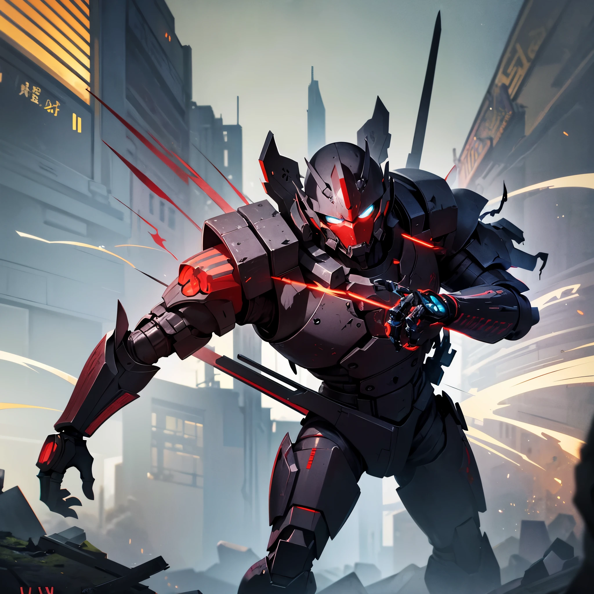 A battered cyborg samurai, with obvious damage, is facing off against the evil boss Mecha ninja in an urban decay setting. The scene unfolds with intense energy as the cyborg samurai prepares to engage in an epic battle. The cyborg samurai stands tall, emanating a sense of perseverance and determination. The surface of its body reveals the wear and tear of countless battles, with battle scars and damaged armor adding to its fierce appearance. The cyborg samurai possesses a blend of futuristic technology and ancient samurai aesthetics, embodying the spirit of traditional Japanese warriors in a cybernetic form. The color scheme of the cyborg samurai showcases elements of the traditional Japanese culture, with a focus on vibrant and contrasting hues. The color palette includes rich reds, deep blues, and vibrant gold, representing the iconic Japanese color scheme. These colors add an exquisite touch to the visuals, creating a sense of authenticity and cultural significance. On the other side, the evil boss Mecha ninja stands in a purple chrome color scheme, exuding an aura of mystery and power. The purple chrome finish highlights the ninja's advanced technological enhancements, giving it an otherworldly appearance. The Mecha ninja's design is sleek and agile, with sharp edges and an intimidating presence. The urban decay setting adds a gritty and dystopian atmosphere to the scene. The backdrop is filled with dilapidated buildings, overgrown vegetation, and decaying infrastructure, signifying the aftermath of a once-bustling city. The crumbling structures and faded graffiti emphasize the sense of abandonment and desolation. In terms of image quality, the prompt demands the highest standards. The generated image should possess the best quality, with a resolution of 4k or 8k. The level of detail should be ultra-detailed, approaching photorealism. The lighting should be carefully designed, with studio lighting techniques enhancing the overall impact of the image. The co