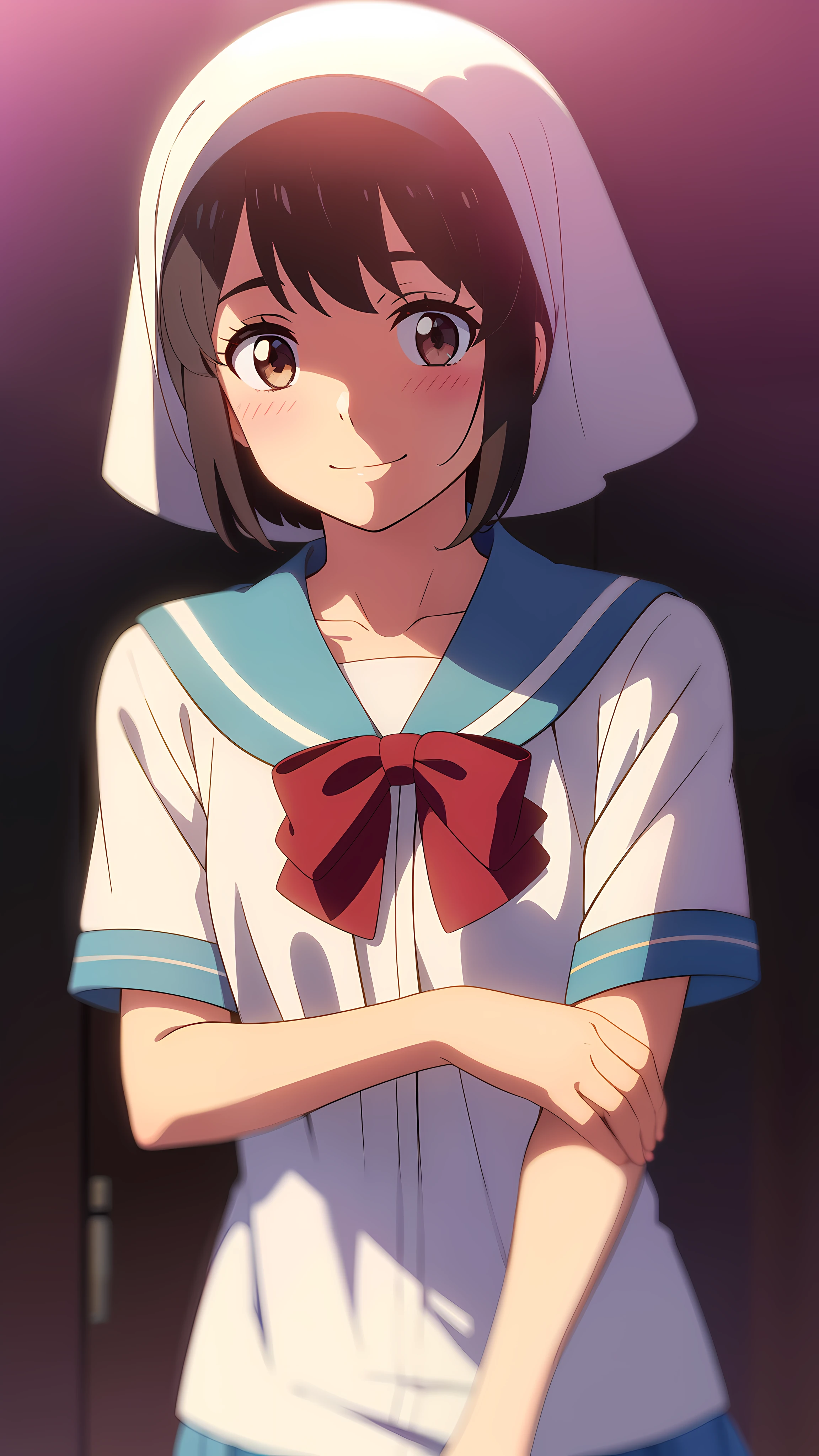 shinkai makoto, kimi no na wa., 1girl, bangs, black hair, blush, round eyes, bright eyes, brown eyes, red bow, short hair, shinny hair, smile, cute, beautiful, shiny skin, looking at the viewer, solo, cute girl, muslimah, muslim uniform, collarbone, white shirt, hijab, school uniform, short sleeves, Crescent, Crescent background