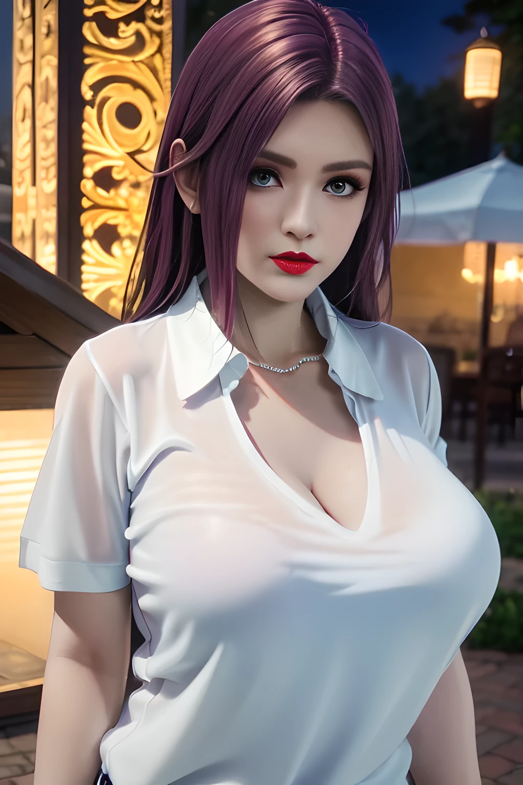 night,moonlight,1 girl,(White polo shirt:1.4),(casual pants),Outdoor activities, (standing posture),grace,(((red lips))), Lips slightly open, clavicle,(huge breasts:1.3),skin shiny,((8k, original photo, top quality, masterpiece)), HD RAW color photos professional close-up photos, (actual, photorealism: 1.37), (best quality),8k,Define detailed faces, tiny details,alone,Alice,