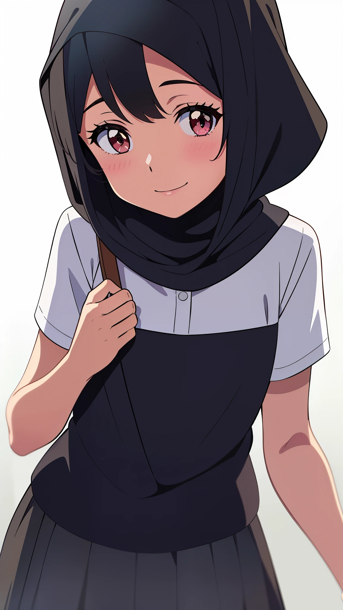 shinkai makoto, kimi no na wa., 1girl, bangs, black hair, short hair, ((wearing islamic hijab)), blush, bright eyes, brown eyes, red bow, smile, cute, beautiful, shiny skin, looking at the viewer, solo, shirt, white shirt, skirt, black skirt, short sleeves, white background