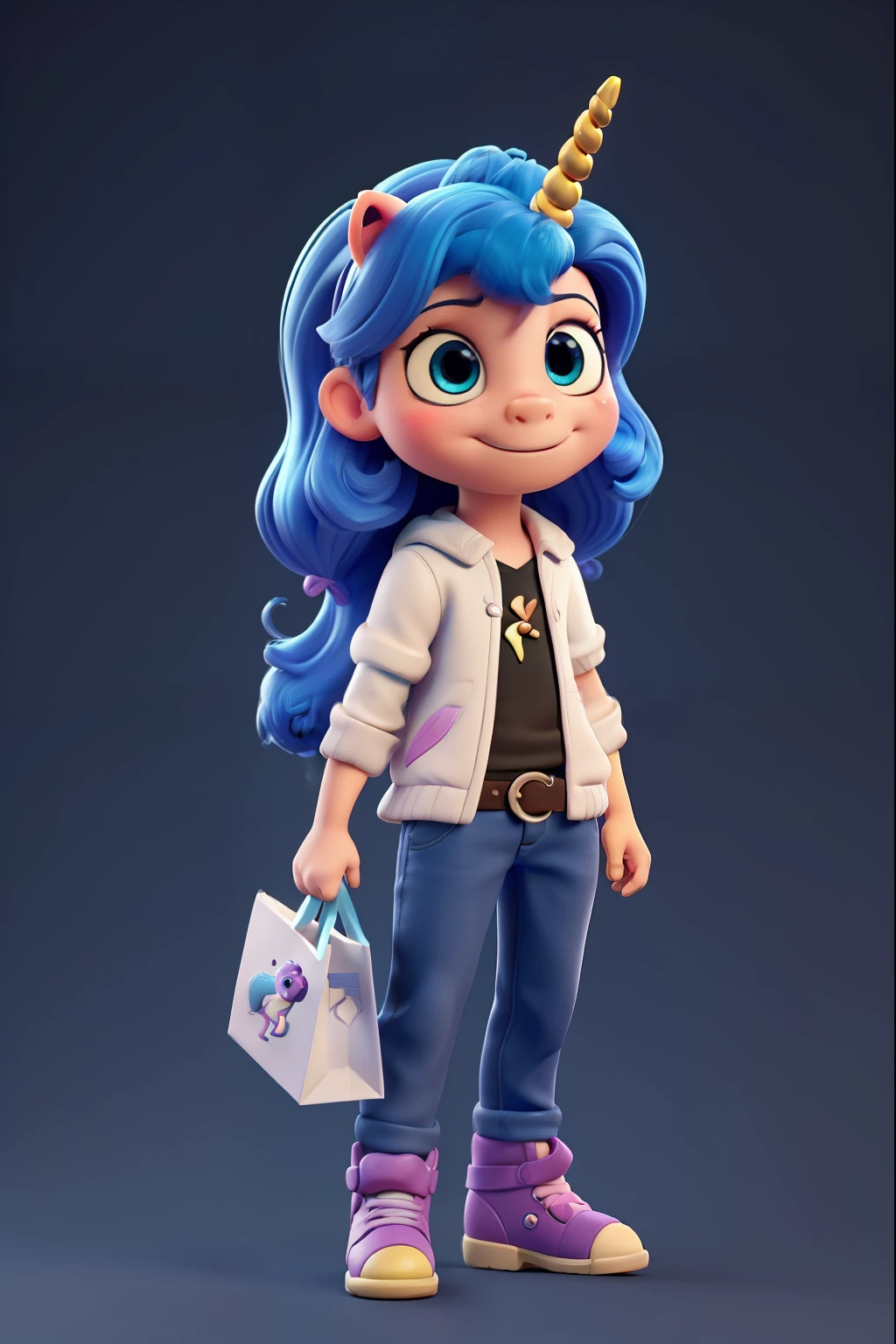 cartoon unicorn with blue hair and a black horn, (((segurando sacolas de compras))) unicorn, white unicorn, unicorn from the tusk movie, blue unicorn, a unicorn, 3 d cavalo pet shop, unicorns, unicorn horn, bonitinho digital art, bonitinho 3 d render, bonitinho cartoon character, Chibi, bonitinho character, personagem toonix, anthropomorphic mare, my little Pony, bonitinho (((movimento)))
