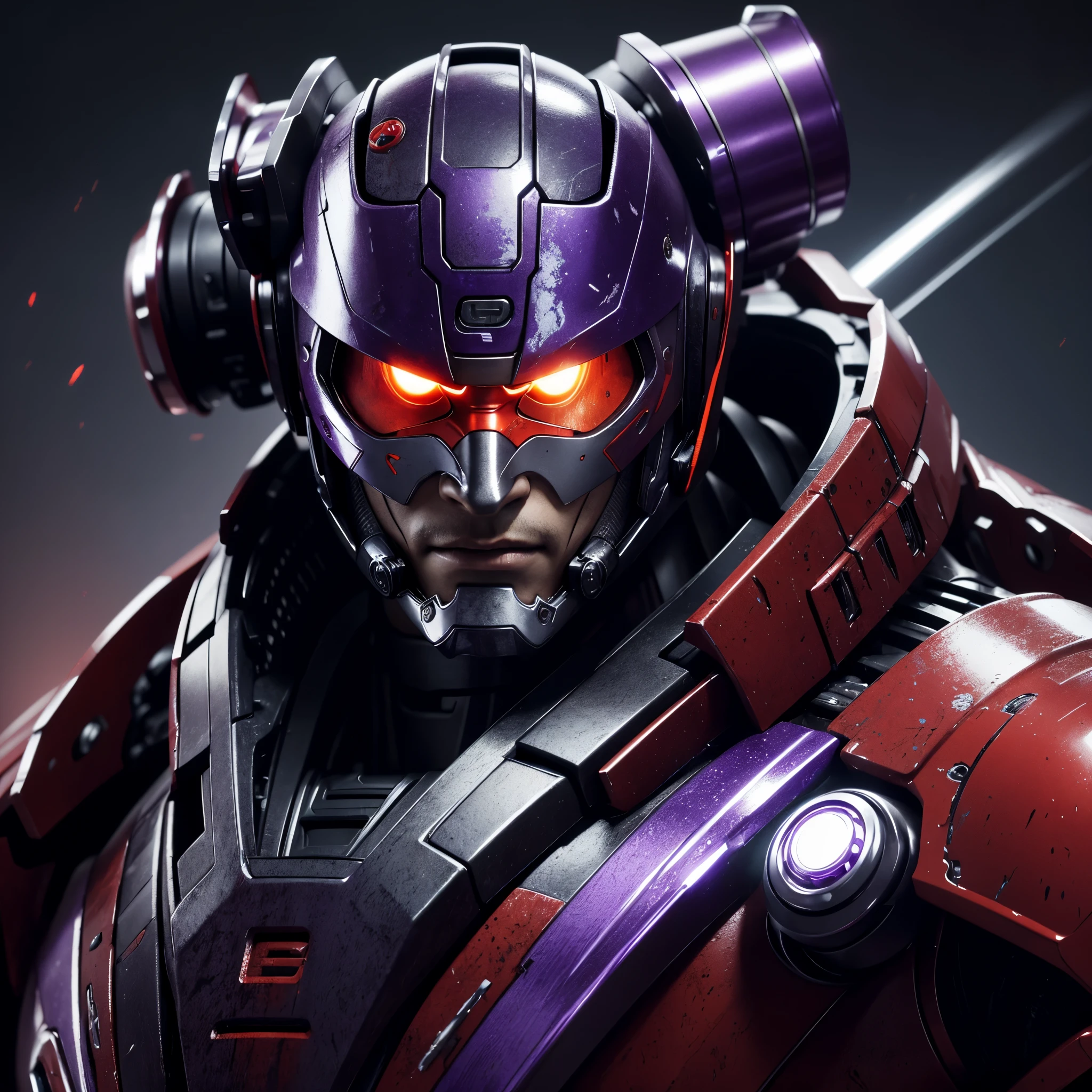 cyborg samurai, Japanese color scheme(Rising sun, red samurai), battered, obvious damage, (evil boss Mecha ninja, purple chrome color scheme), urban decay, best quality, 4k, highres, ultra-detailed, realistic, HDR, studio lighting, extreme detail description, professional, vivid colors, bokeh, dramatic showdown