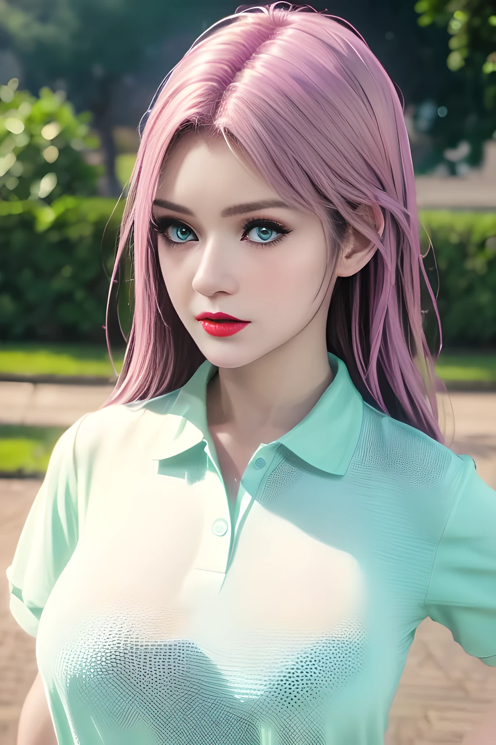 night,moonlight,1 girl,(White polo shirt:1.4),(casual pants),Outdoor activities, (standing posture),grace,(((red lips))), Lips slightly open, clavicle,(huge breasts:1.3),skin shiny,((8k, original photo, top quality, masterpiece)), HD RAW color photos professional close-up photos, (actual, photorealism: 1.37), (best quality),8k,Define detailed faces, tiny details,alone,Alice,