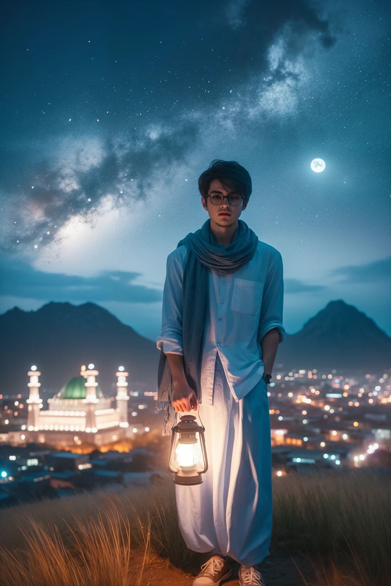 arafed man holding a lantern in front of a city at night, profile picture 1024px, brandon woelfel, holding a lantern, portrait shot, mid shot portrait, matte painting portrait shot, by Abidin Dino, photo manipulation, profile picture, edited in photoshop, realistic fantasy photography, ☁🌪🌙👩🏾, fantasy photography