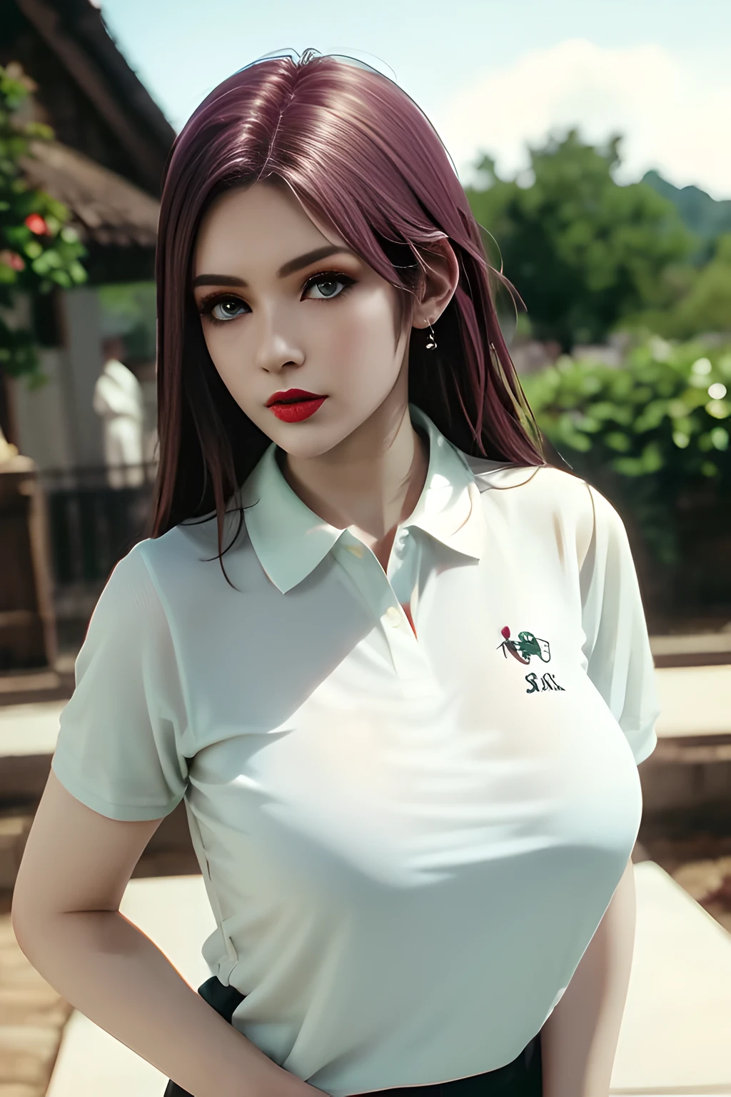 night,moonlight,1 girl,(White polo shirt:1.4),(casual pants),Outdoor activities,  (standing posture),grace,(((red lips))), Lips slightly open,  clavicle,(huge breasts:1.3),skin shiny,((8k, original photo, top quality, masterpiece)), HD RAW color photos professional close-up photos, (actual, photorealism: 1.37), (best quality),8k,Define detailed faces, tiny details,alone,Alice,