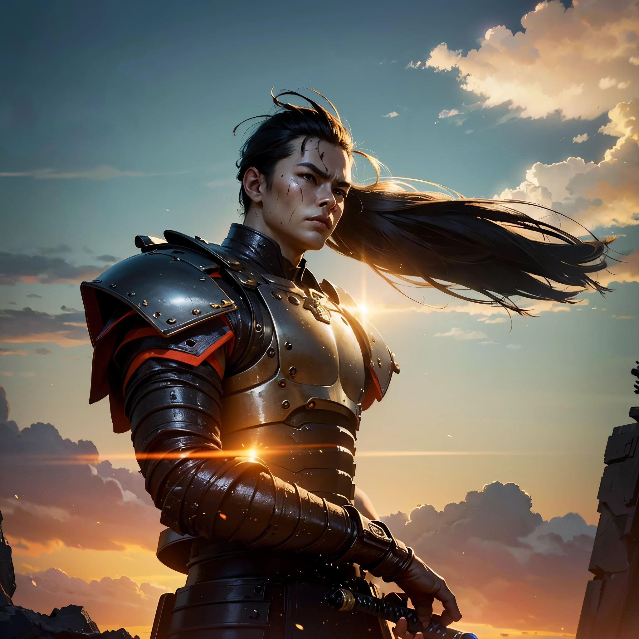 In a dystopian world where technology meets ancient traditions, a fearless cyborg samurai stands tall, adorned with battle scars and battle-worn armor. His body shows the wear and tear of countless battles, highlighting his resilience and determination. The rising sun shines behind him, casting a warm and vibrant color scheme upon the scene. The shattered remains of his enemies strewn across the battleground, emphasizing the magnitude of his past conquests. With a firm grip on his well-worn katana, the cyborg samurai braces himself for the ultimate battle, facing insurmountable odds. Every inch of his metallic body glistens under the intense sunlight, showcasing his otherworldly strength. As the winds howl and the dust settles, the battle begins, and the fate of the world hangs in the balance.
(best quality,4k,8k,highres,masterpiece:1.2),ultra-detailed,(realistic,photorealistic,photo-realistic:1.37),cyborg samurai,damaged and battered armor,battle scars,rising sun color scheme,rubble and debris,shattered enemies,fierce determination,ancient traditions,metallic body,glimmering katana,onslaught of enemies,dystopian backdrop,intense sunlight,howling wind,world-saving battle.
