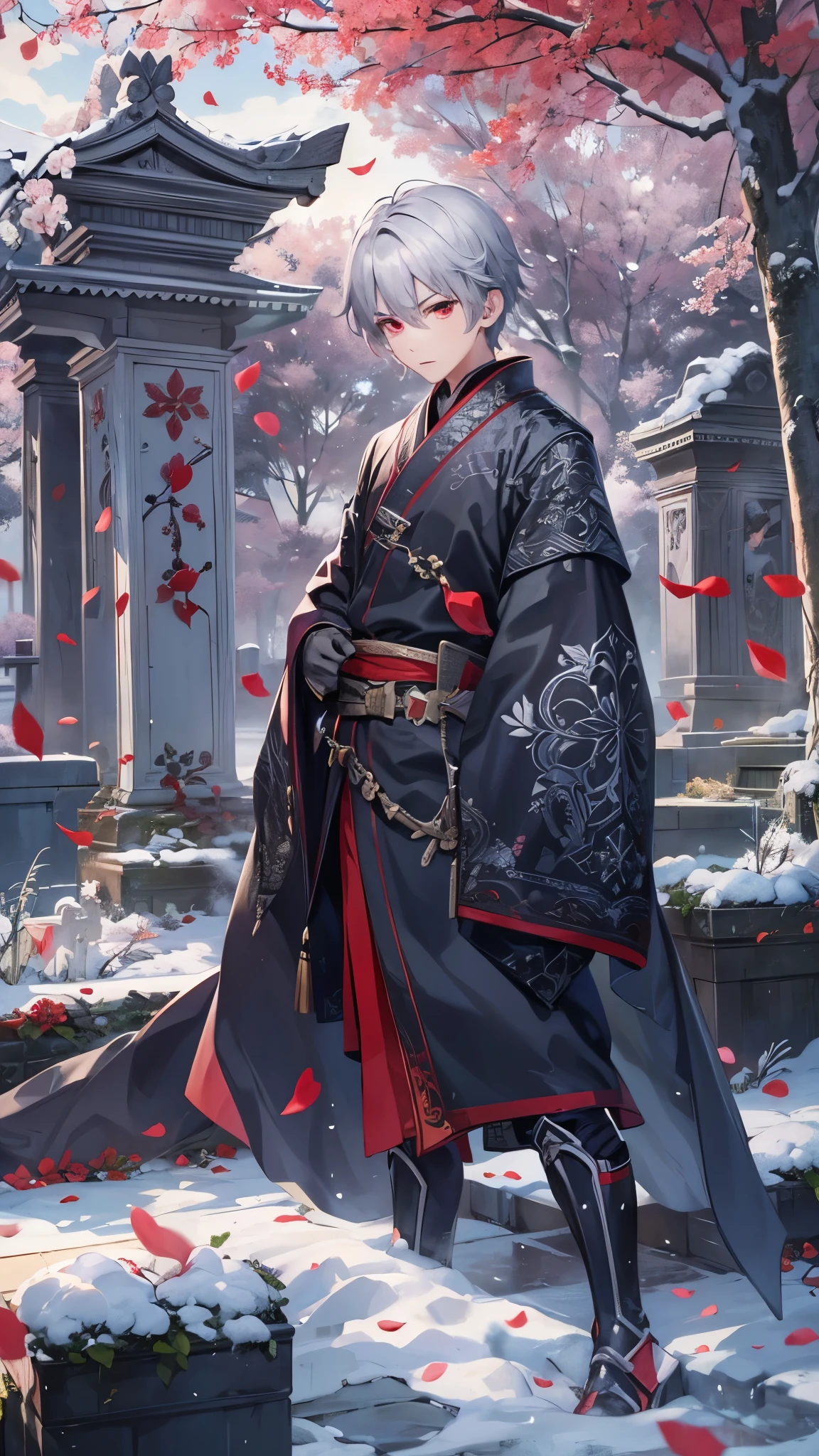 perfect anatomy, masterpiece:1.4, best quality, 8k, beautiful detailed grow, daydreaming expression, (solo silver short hair divine swordman boy, yo, detailed red eyes, serious face), in a Mourning clothes, in the japanese cemetery, season winter..
