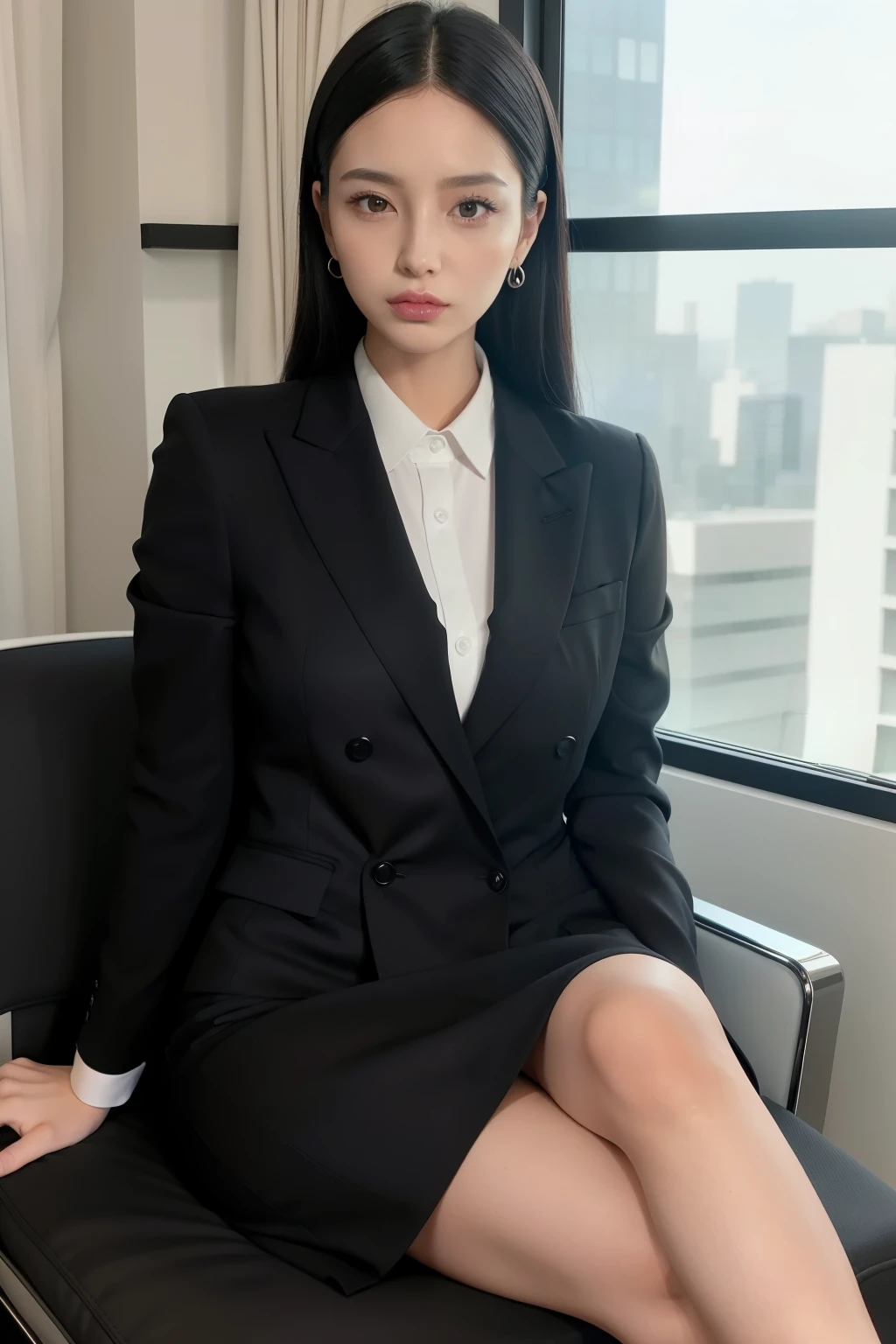 Full length women in black suit, exuding an air of sophistication and professionalism, are often seen in corporate environments. The monochromatic color palette of their attire accentuates their slender figures and the crisp lines of their garments. In this image, a woman is depicted sitting elegantly on the edge of a chair, her legs crossed at the ankles, revealing a peek of her polished shoes. The suit jacket drapes seamlessly over her shoulders, reflecting the natural lighting that falls softly upon her. Her black hair is slicked back, adding to the sleekness of her appearance. The room interior is adorned with minimalist decor and muted colors, bringing the