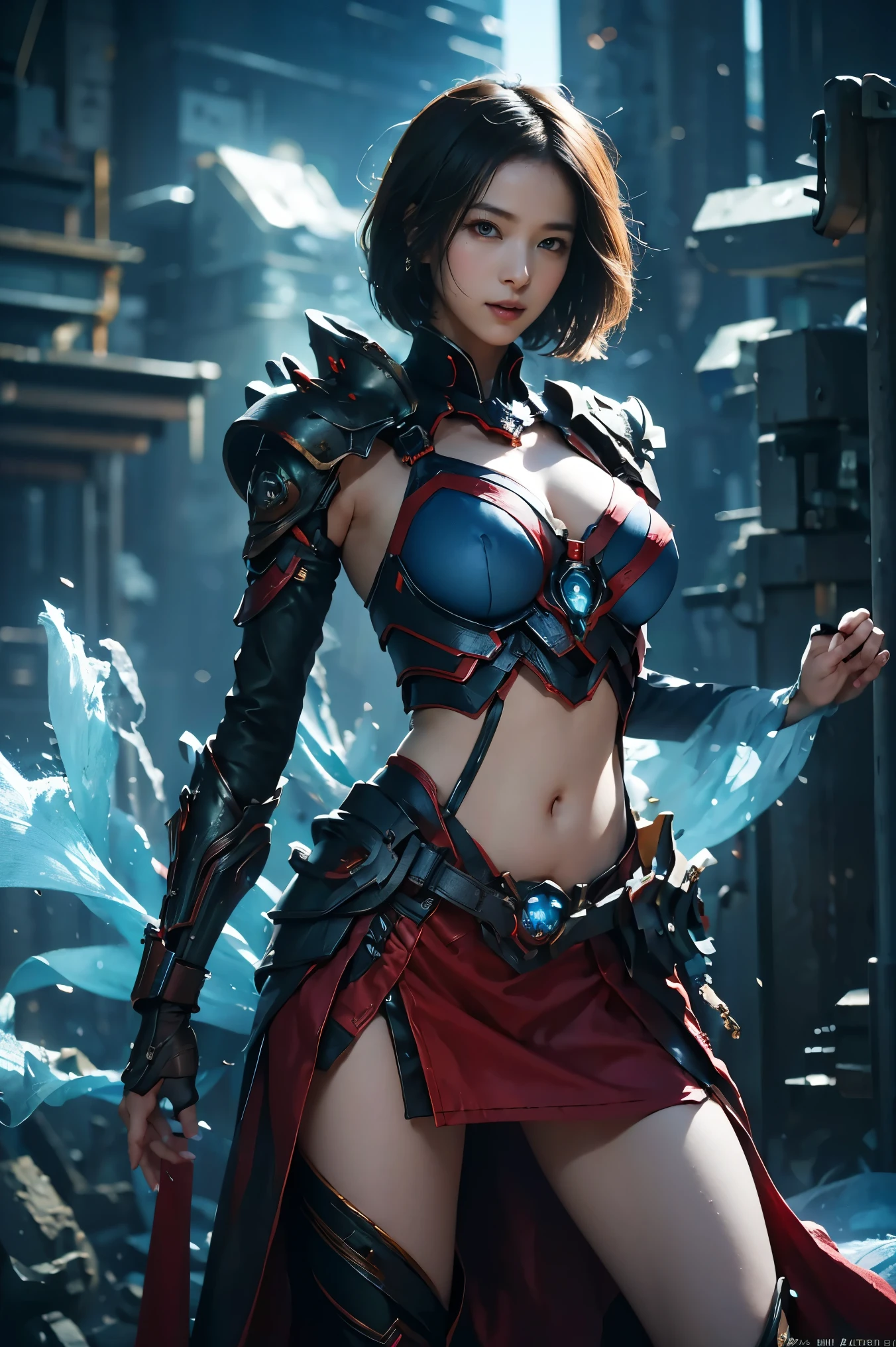 ((Best quality, 8k, RAW photo, Masterpiece :1.3)), (realistic、Photoreal:1.37)、Super detailed、super high resolution, (professional lighting), alone, 1 woman, solo, see the beholder, (30 years old), , beautiful and detailed face, happy smile, narrow, shining eyes, (slim waist :1.3), Fine and beautiful skin, skin texture, professional lighting, as a whole human body,(Combination of cyberpunk and fantasy style),(female soldier),25 year old woman,Japanese、(short bob hair, brown hair),beautiful hair, brown eyes、small breasts,(red eye chest), (red eye nipples), accessories,gentle smile, elegant and attractive,serious,Calm,(Combining cyberpunk and fantasy style clothing,openwork design,joint armor),bare legs exposed, Raw skin exposed in cleavage, Battle uniform navel pose,photo pose,realistic style,blue world background,oc rendering reflection texture,View Camera, ((sky seen from below:1.2)),((looking down:1.2)),looking at viewer, look at viewer, lighting forward, lighting front,
