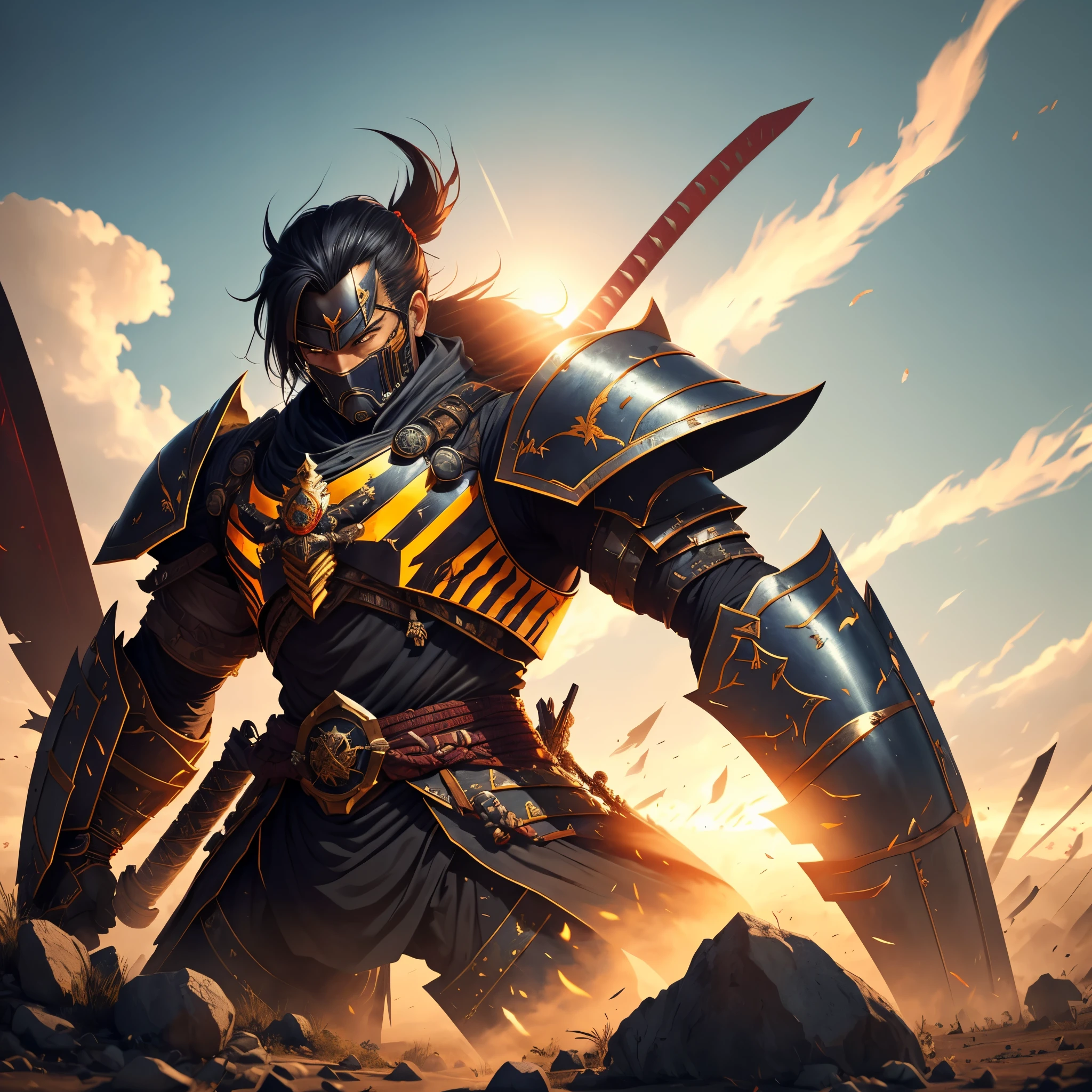 In a dystopian world where technology meets ancient traditions, a fearless cyborg samurai stands tall, adorned with battle scars and battle-worn armor. His body shows the wear and tear of countless battles, highlighting his resilience and determination. The rising sun shines behind him, casting a warm and vibrant color scheme upon the scene. The shattered remains of his enemies strewn across the battleground, emphasizing the magnitude of his past conquests. With a firm grip on his well-worn katana, the cyborg samurai braces himself for the ultimate battle, facing insurmountable odds. Every inch of his metallic body glistens under the intense sunlight, showcasing his otherworldly strength. As the winds howl and the dust settles, the battle begins, and the fate of the world hangs in the balance. (best quality,4k,8k,highres,masterpiece:1.2),ultra-detailed,(realistic,photorealistic,photo-realistic:1.37),cyborg samurai,damaged and battered armor,battle scars,rising sun color scheme,rubble and debris,shattered enemies,fierce determination,ancient traditions,metallic body,glimmering katana,onslaught of enemies,dystopian backdrop,intense sunlight,howling wind,world-saving battle.