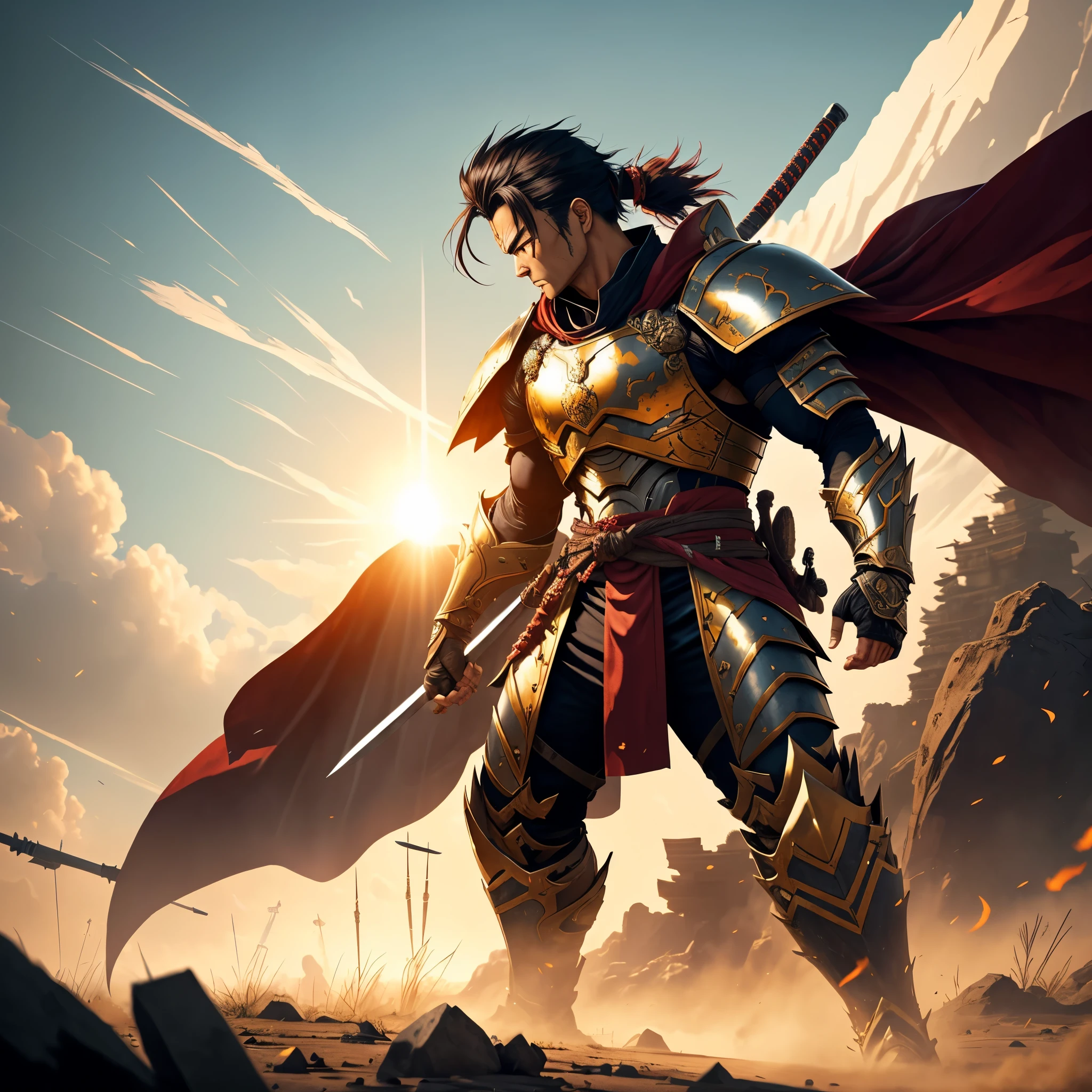 In a dystopian world where technology meets ancient traditions, a fearless cyborg samurai stands tall, adorned with battle scars and battle-worn armor. His body shows the wear and tear of countless battles, highlighting his resilience and determination. The rising sun shines behind him, casting a warm and vibrant color scheme upon the scene. The shattered remains of his enemies strewn across the battleground, emphasizing the magnitude of his past conquests. With a firm grip on his well-worn katana, the cyborg samurai braces himself for the ultimate battle, facing insurmountable odds. Every inch of his metallic body glistens under the intense sunlight, showcasing his otherworldly strength. As the winds howl and the dust settles, the battle begins, and the fate of the world hangs in the balance. (best quality,4k,8k,highres,masterpiece:1.2),ultra-detailed,(realistic,photorealistic,photo-realistic:1.37),cyborg samurai,damaged and battered armor,battle scars,rising sun color scheme,rubble and debris,shattered enemies,fierce determination,ancient traditions,metallic body,glimmering katana,onslaught of enemies,dystopian backdrop,intense sunlight,howling wind,world-saving battle.