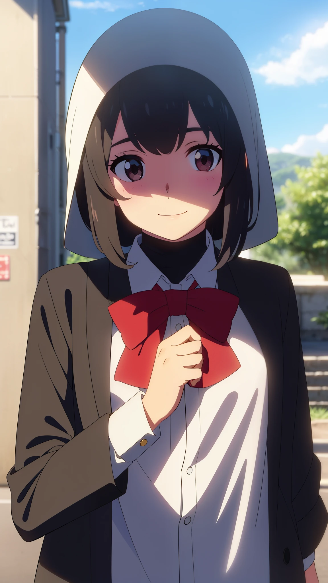 shinkai makoto, kimi no na wa., 1girl, bangs, black hair, blush, round eyes, brown eyes, sky, cloud, collared shirt, ((wearing islamic hijab)), looking at the viewer, outdoors, red headband, red ribbon, red bow, school, school uniform, short hair, smile, cute, shiny skin, solo, white shirt, black skirt, upper body