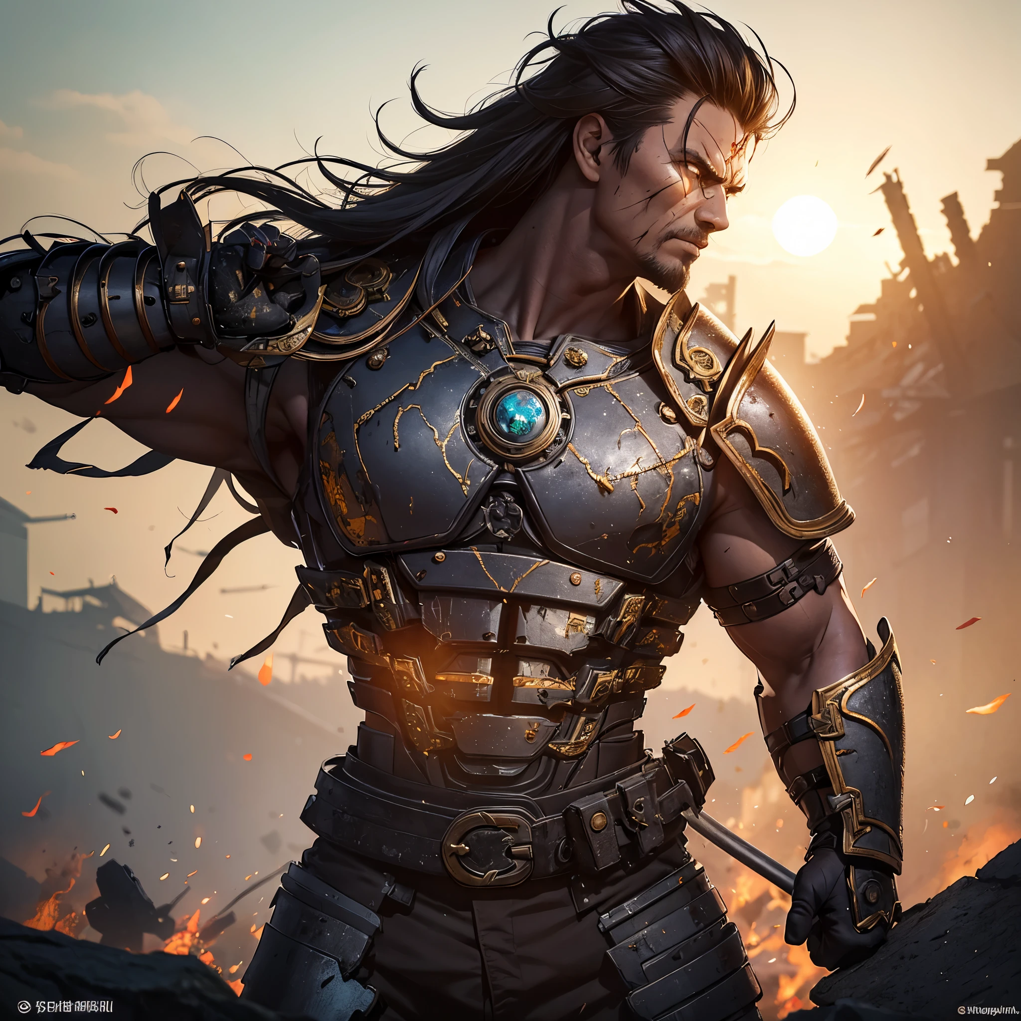 In a dystopian world where technology meets ancient traditions, a fearless cyborg samurai stands tall, adorned with battle scars and battle-worn armor. His body shows the wear and tear of countless battles, highlighting his resilience and determination. The rising sun shines behind him, casting a warm and vibrant color scheme upon the scene. The shattered remains of his enemies strewn across the battleground, emphasizing the magnitude of his past conquests. With a firm grip on his well-worn katana, the cyborg samurai braces himself for the ultimate battle, facing insurmountable odds. Every inch of his metallic body glistens under the intense sunlight, showcasing his otherworldly strength. As the winds howl and the dust settles, the battle begins, and the fate of the world hangs in the balance. (best quality,4k,8k,highres,masterpiece:1.2),ultra-detailed,(realistic,photorealistic,photo-realistic:1.37),cyborg samurai,damaged and battered armor,battle scars,rising sun color scheme,rubble and debris,shattered enemies,fierce determination,ancient traditions,metallic body,glimmering katana,onslaught of enemies,dystopian backdrop,intense sunlight,howling wind,world-saving battle.