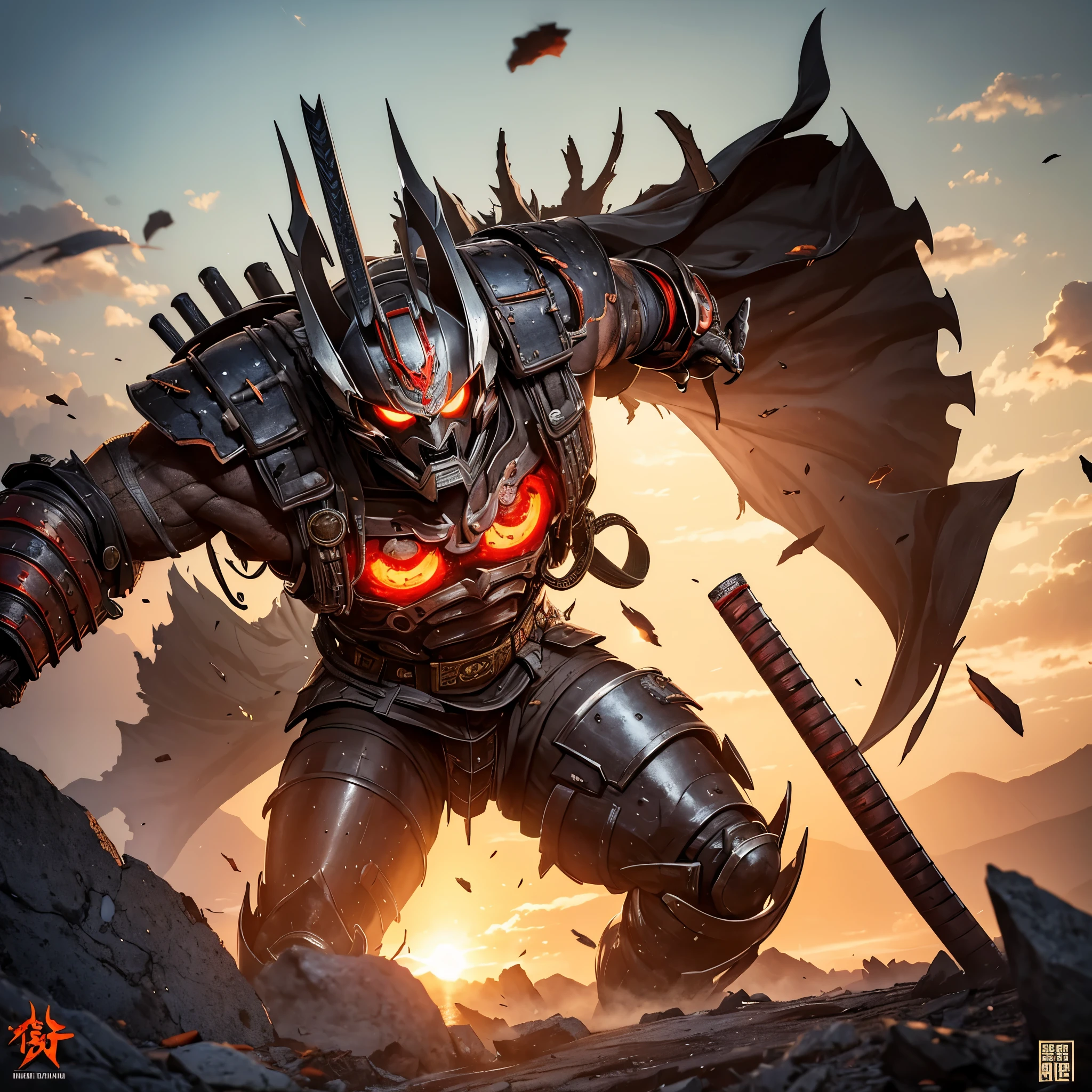 In a dystopian world where technology meets ancient traditions, a fearless cyborg samurai stands tall, adorned with battle scars and battle-worn armor. His body shows the wear and tear of countless battles, highlighting his resilience and determination. The rising sun shines behind him, casting a warm and vibrant color scheme upon the scene. The shattered remains of his enemies strewn across the battleground, emphasizing the magnitude of his past conquests. With a firm grip on his well-worn katana, the cyborg samurai braces himself for the ultimate battle, facing insurmountable odds. Every inch of his metallic body glistens under the intense sunlight, showcasing his otherworldly strength. As the winds howl and the dust settles, the battle begins, and the fate of the world hangs in the balance. (best quality,4k,8k,highres,masterpiece:1.2),ultra-detailed,(realistic,photorealistic,photo-realistic:1.37),cyborg samurai,damaged and battered armor,battle scars,rising sun color scheme,rubble and debris,shattered enemies,fierce determination,ancient traditions,metallic body,glimmering katana,onslaught of enemies,dystopian backdrop,intense sunlight,howling wind,world-saving battle.