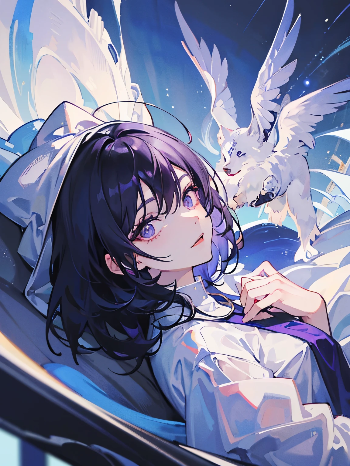 (masterpiece, top quality, best quality, official art, beautiful), female, wolfcut hair, black hair, blue side hair, with bangs, equals eyes, sharp eyes, purple eyes, Extreme Detail, white shirt, white hood, Effect. 