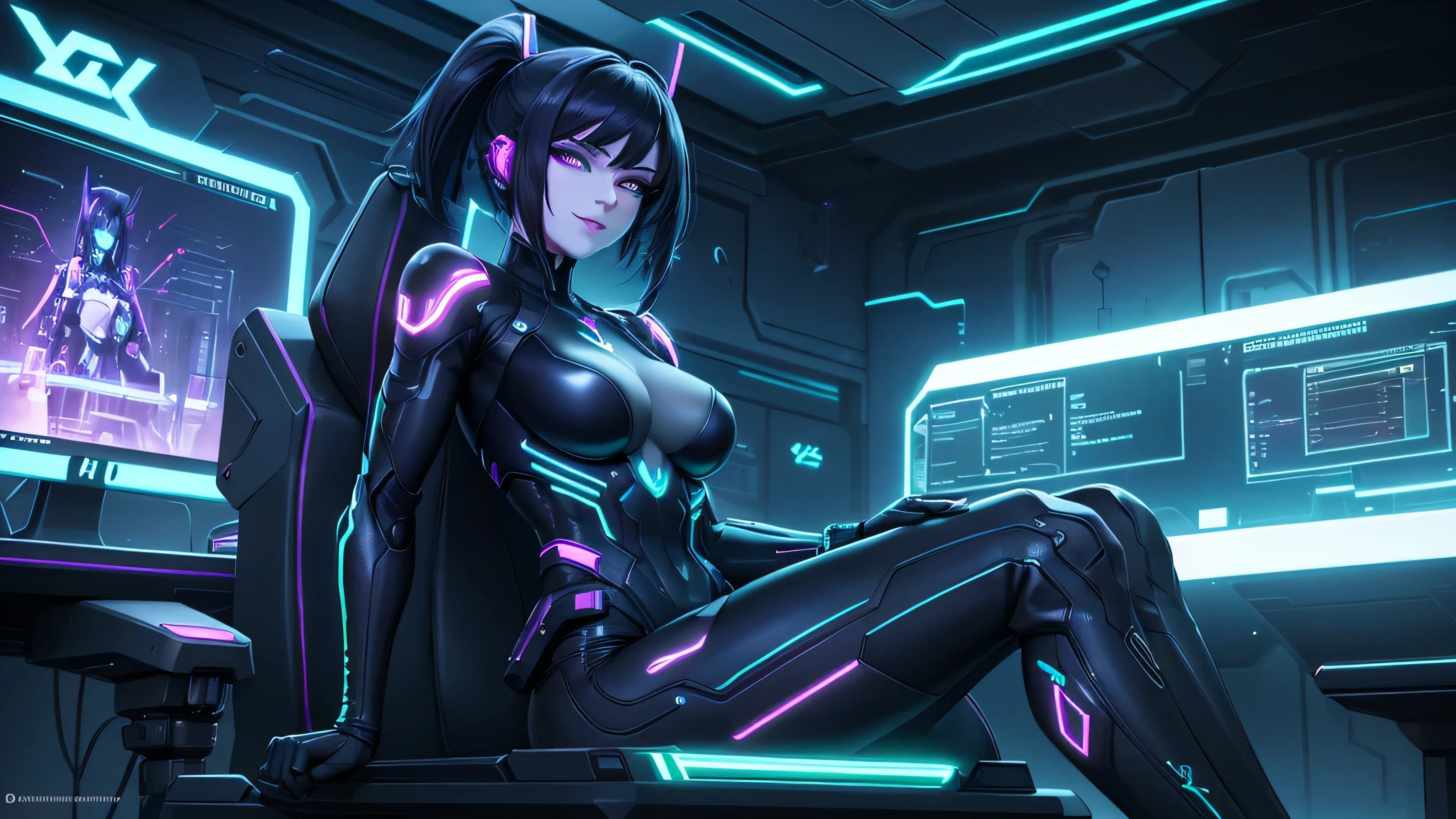 Desenhar Nyx, the cyber hacker known as 'Nyx,' in your dark, futuristic workspace. She is sitting in her swivel chair in front of a table filled with holographic screens and advanced technological equipment... Her short hair dyed electric blue is illuminated by the surrounding neon lights., while his cybernetic eyes glow shades of neon green. Nyx is wearing a stylish and tight cybernetic outfit, acentuando suas curvas e insinuando sua sensualidade. With a determined expression and a mischievous smile on his lips, She's about to embark on a daring hack that will challenge even the most sophisticated security systems of megacorporations. The environment around you is dark and futuristic, with advanced technology and neon elements, criando uma atmosfera cyberpunk distinta.
