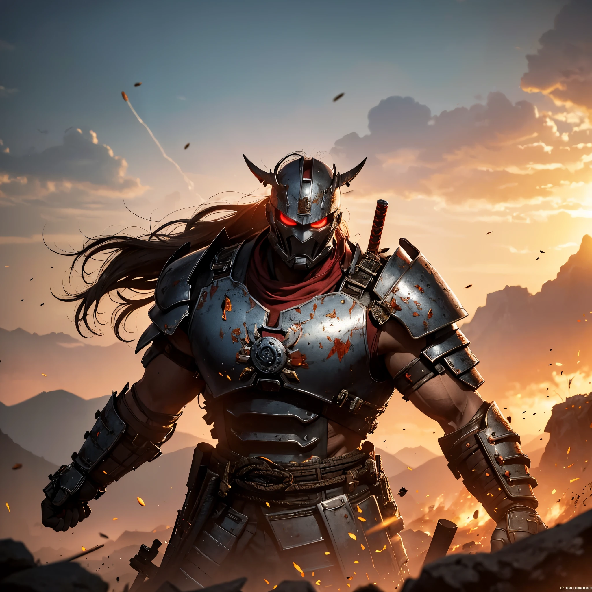 In a dystopian world where technology meets ancient traditions, a fearless cyborg samurai stands tall, adorned with battle scars and battle-worn armor. His body shows the wear and tear of countless battles, highlighting his resilience and determination. The rising sun shines behind him, casting a warm and vibrant color scheme upon the scene. The shattered remains of his enemies strewn across the battleground, emphasizing the magnitude of his past conquests. With a firm grip on his well-worn katana, the cyborg samurai braces himself for the ultimate battle, facing insurmountable odds. Every inch of his metallic body glistens under the intense sunlight, showcasing his otherworldly strength. As the winds howl and the dust settles, the battle begins, and the fate of the world hangs in the balance. (best quality,4k,8k,highres,masterpiece:1.2),ultra-detailed,(realistic,photorealistic,photo-realistic:1.37),cyborg samurai,damaged and battered armor,battle scars,rising sun color scheme,rubble and debris,shattered enemies,fierce determination,ancient traditions,metallic body,glimmering katana,onslaught of enemies,dystopian backdrop,intense sunlight,howling wind,world-saving battle.