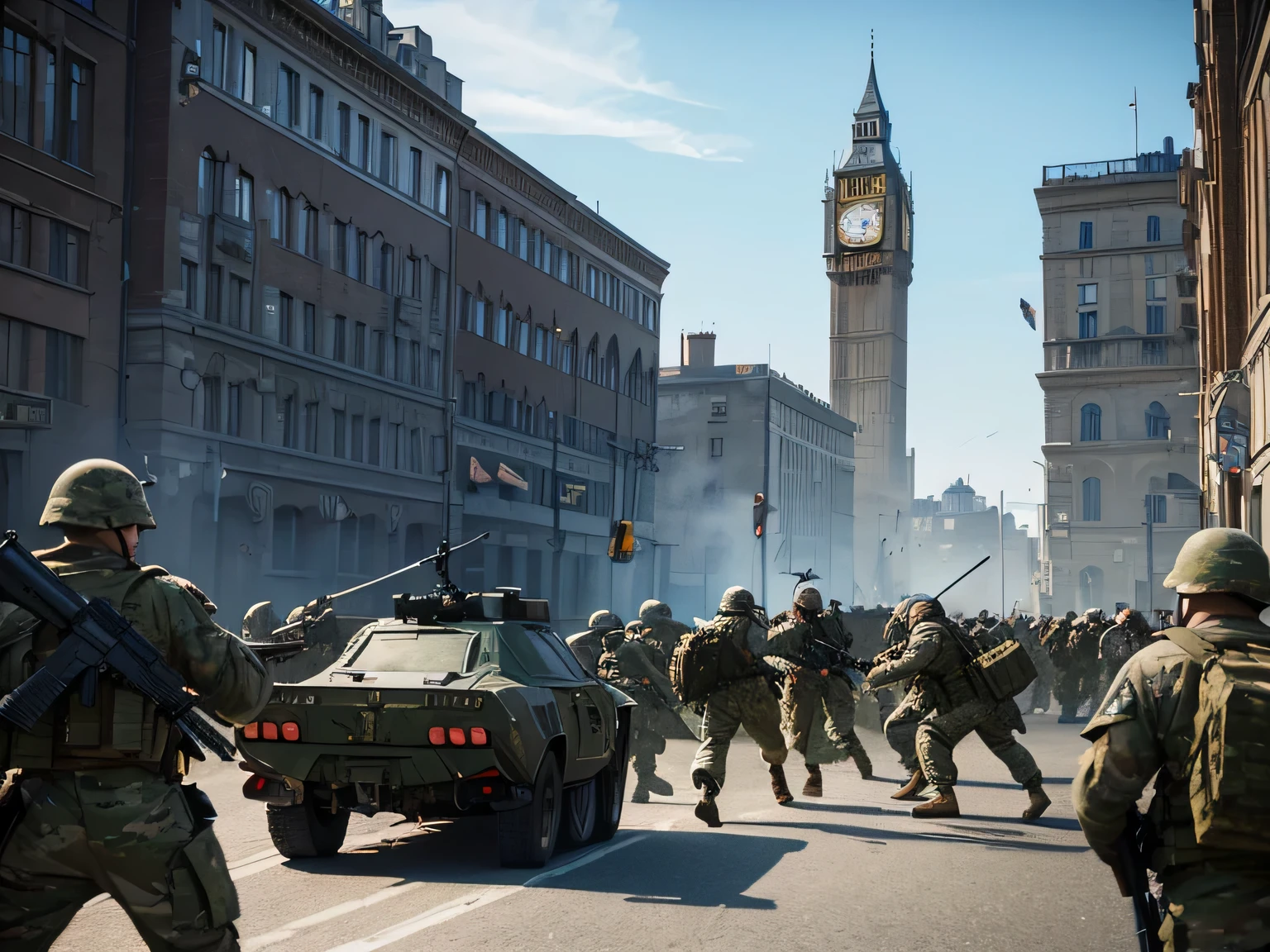 The decisive moment，soldiers in the city，The clock tower is in the background, fps shooter game concept art, concept art like ernest halimov, hell tactics, fps shooting game, fps shooter game concept, Violent conflict escalates, background artwork, game illustration, detailed game art illustration, Squad fights the enemy, fps shooter game, military art, realistic soldier, game art