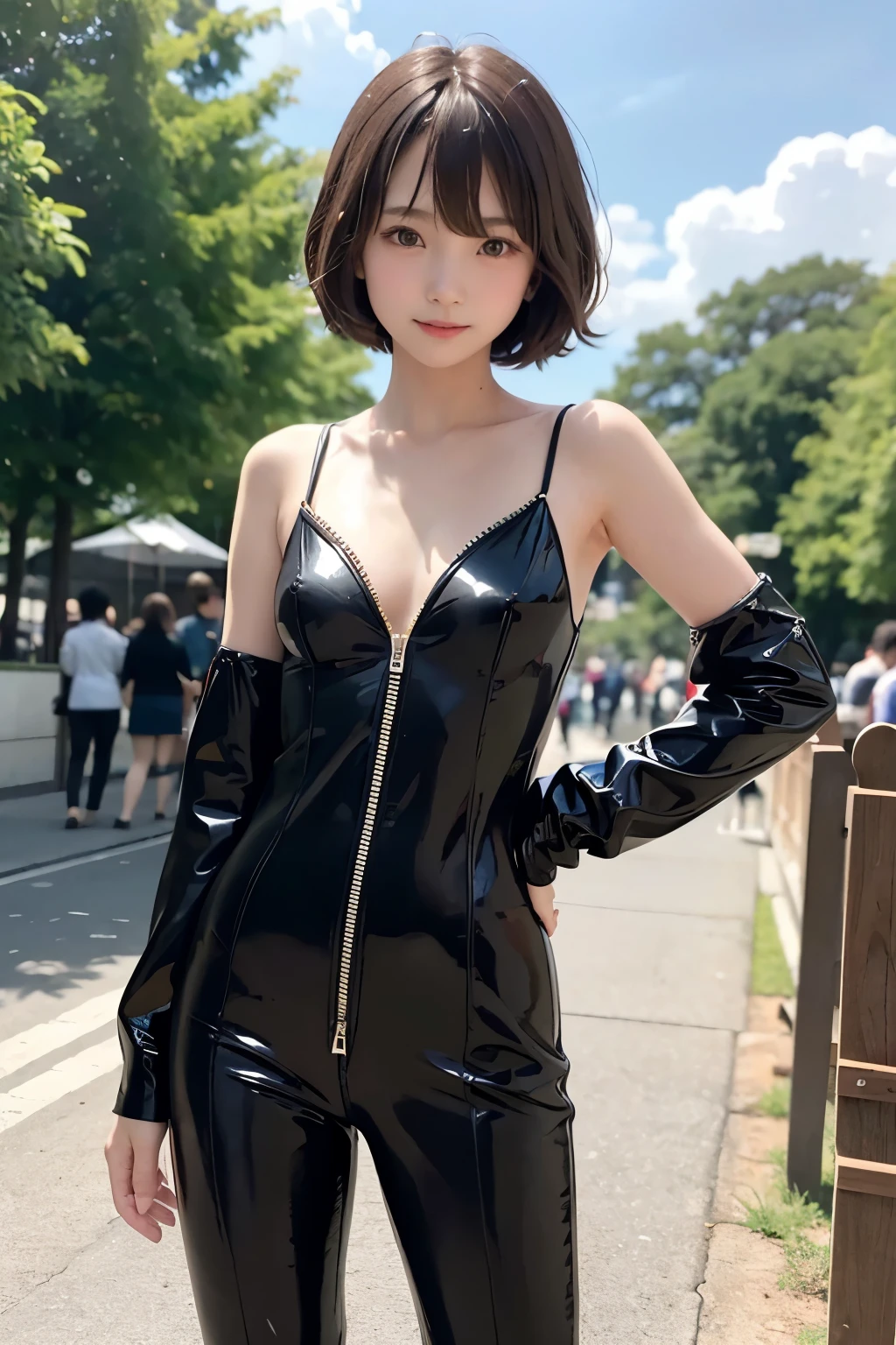 masterpiece, best quality, adorable, japanese 10yo, detailed beautiful face, smiling, short hair, blunt bangs, beautiful eyes, colored inner hair, skinny, (flat chest), (small breast), (full-length zipper), (cat suit), in theme park