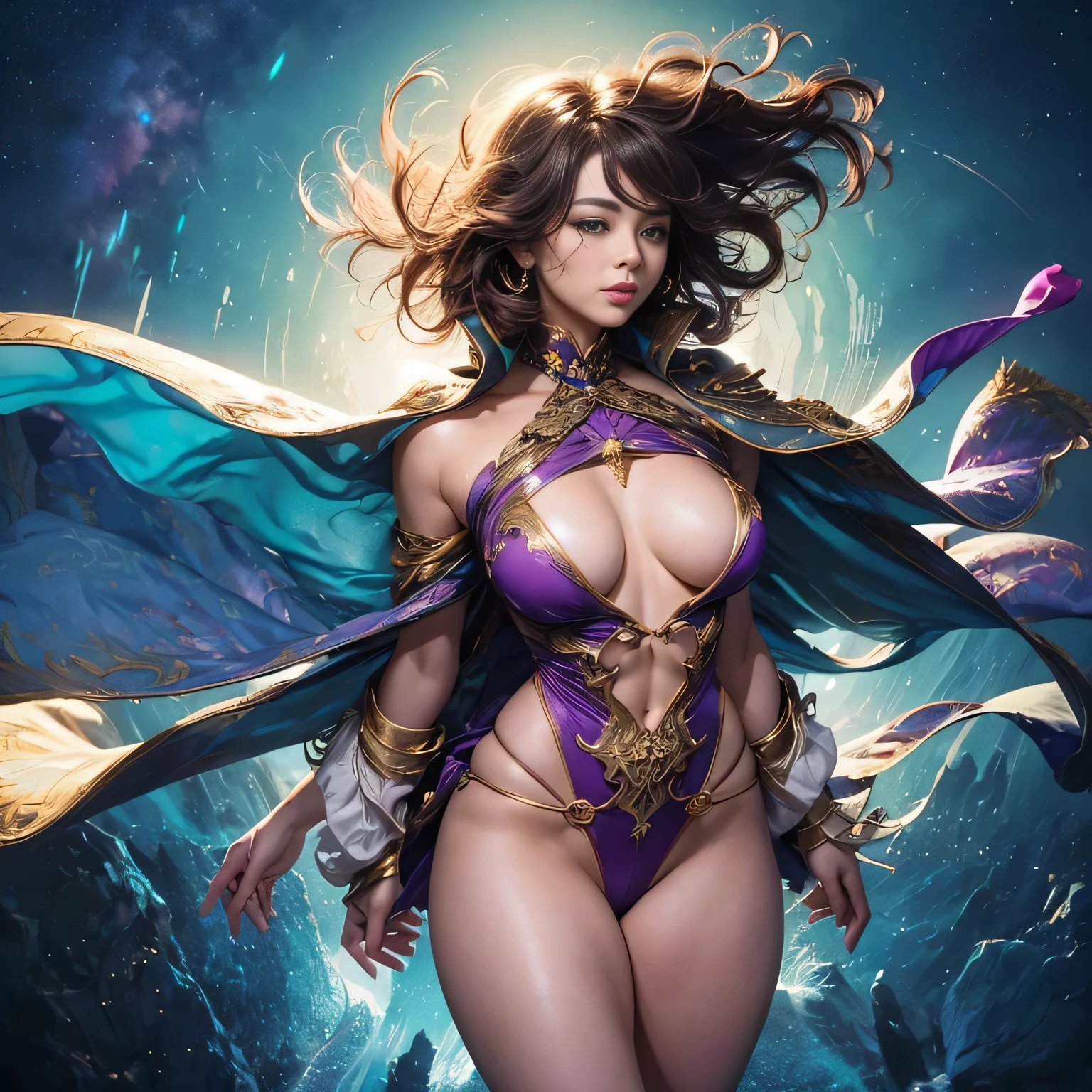 beautiful digital artwork、Fantasy and gorgeous lighting、gorgeous digital art、stunning digital illustration、digital fantasy art、3 D rendering character art 8 K、hight resolution、Detailed digital art、Graceful fantasy、nsfw、1girl、beautiful smiling face、Cowboy Shot、Balanced body shape with a length of 7 heads、Perfect growth、Beautiful curvaceous、A sexy、Pink hair、long curled hair、Woman with shining light、beautiful face、A detailed face、perfectly proportions、small breasts、small breasts thin waist、nabel、big butts、Raised clean buttocks、Crotch gap、thighs thighs thighs thighs、clong legs、Violet and Golden dress、Robe with translucent cape、Floating in space、Arms open to share energy with all things、goddes、(Tremendous wind:1.8)、(Hair and costume are disheveled:1.8)、Skin is exposed、A sexy、the background is the universe、In the dark、Lots of stars、Blur background、Light from the front:1.2、Lights on the face:1.2、