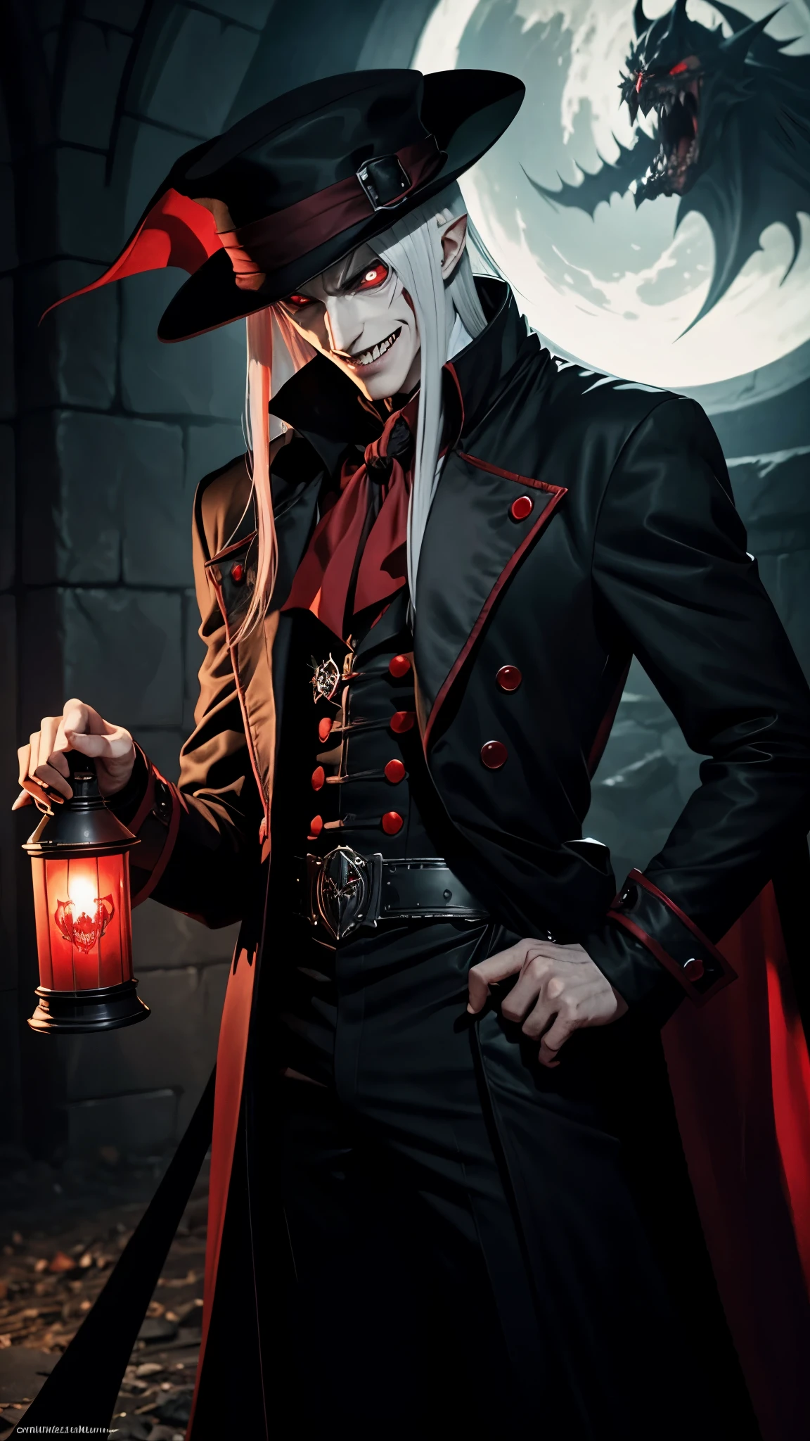 Male character Alucard the Nosferatu from the Hellsing anime series showing open macabre smile and demonic red pupils with his characteristic costume complete with his characteristic red hat, detailed generation